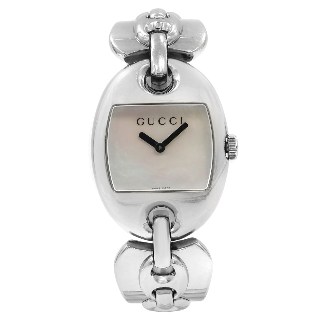 Gucci 121 Marina Quartz Ladies Watch MOP Dial Gray Steel Bangle YA121302: Gucci 121 Marina Quartz Ladies Watch MOP Dial Gray Steel Bangle YA121302 This elegant Gucci 121 Marina Chain watch combines style and functionality, perfect for casual wear. Its white Mother of Pearl 