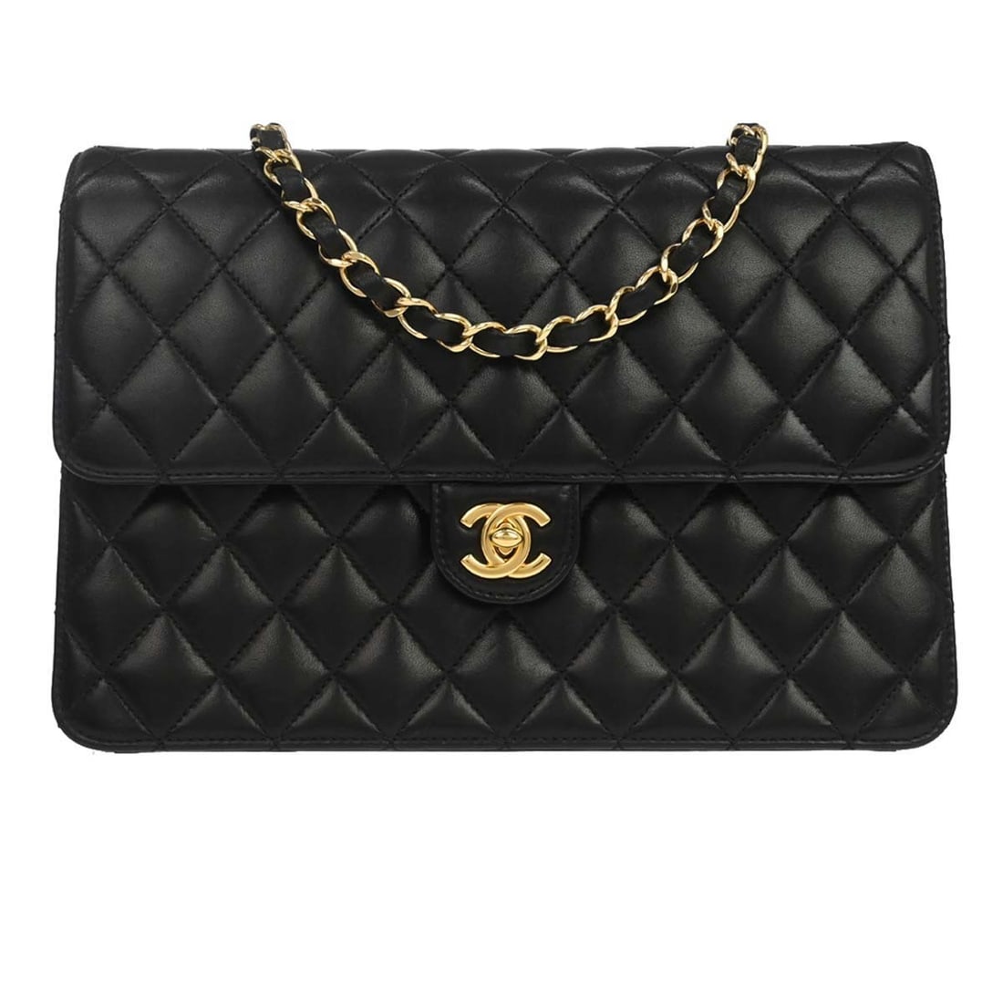CHANEL Classic Single Flap Medium Black Lambskin Shoulder Bag: CHANEL Classic Single Flap Medium Black Lambskin Shoulder Bag Medium Chanel half flap shoulder bag in black lambskin leather with a turn lock closure and black strap. The interior is lined in lambskin
