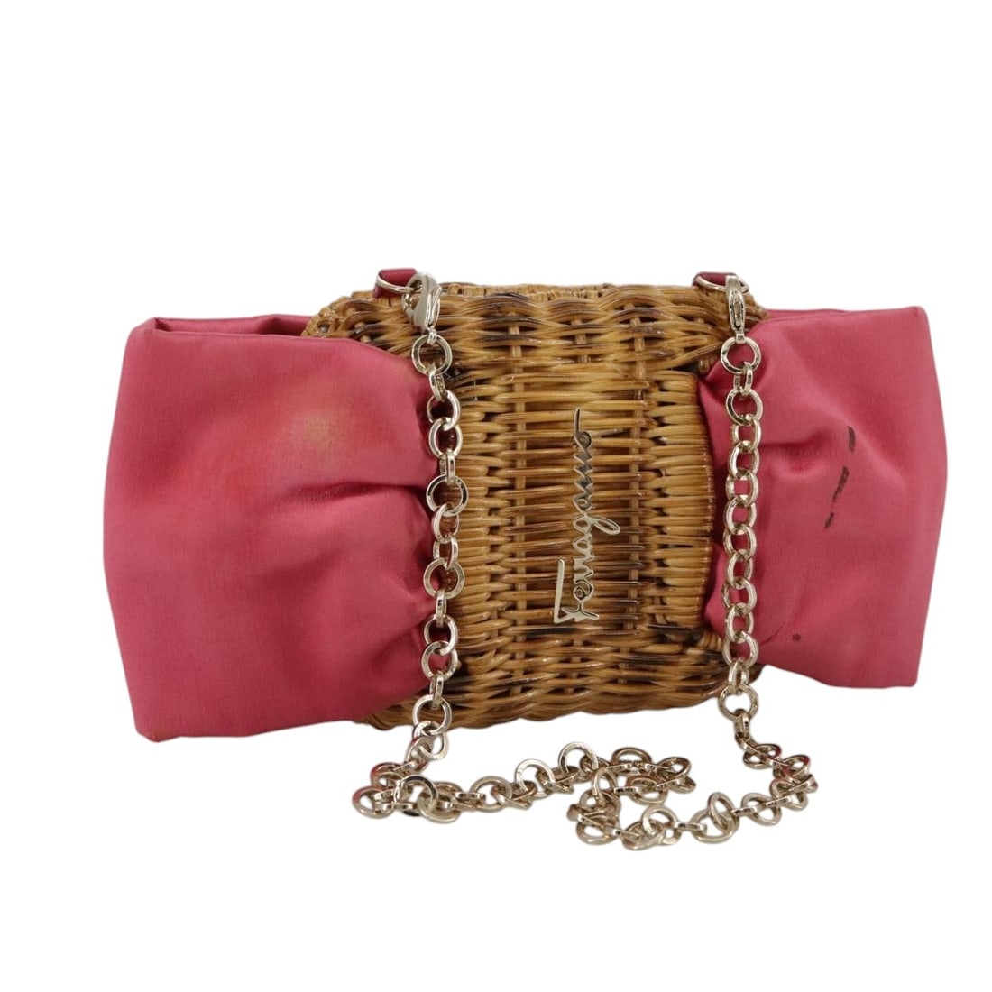 Pink Satin Wicker Chain Shoulder Bag by Salvatore Ferragamo: Pink Satin Wicker Chain Shoulder Bag by Salvatore Ferragamo This Salvatore Ferragamo chain shoulder bag features a pink satin exterior with a wicker design, offering a stylish accessory for women. Mad