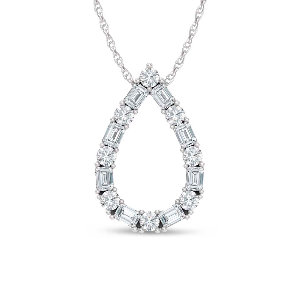 14K White Gold Lab Grown Diamond Round and Tapper 2 Ct.Tw. Pear Shape Pendant: 14K White Gold Lab Grown Diamond Round and Tapper 2 Ct.Tw. Pear Shape Pendant Crafted in luminous 14K white gold, this pear-shaped pendant showcases round and tapered lab-grown diamonds totaling 2 car
