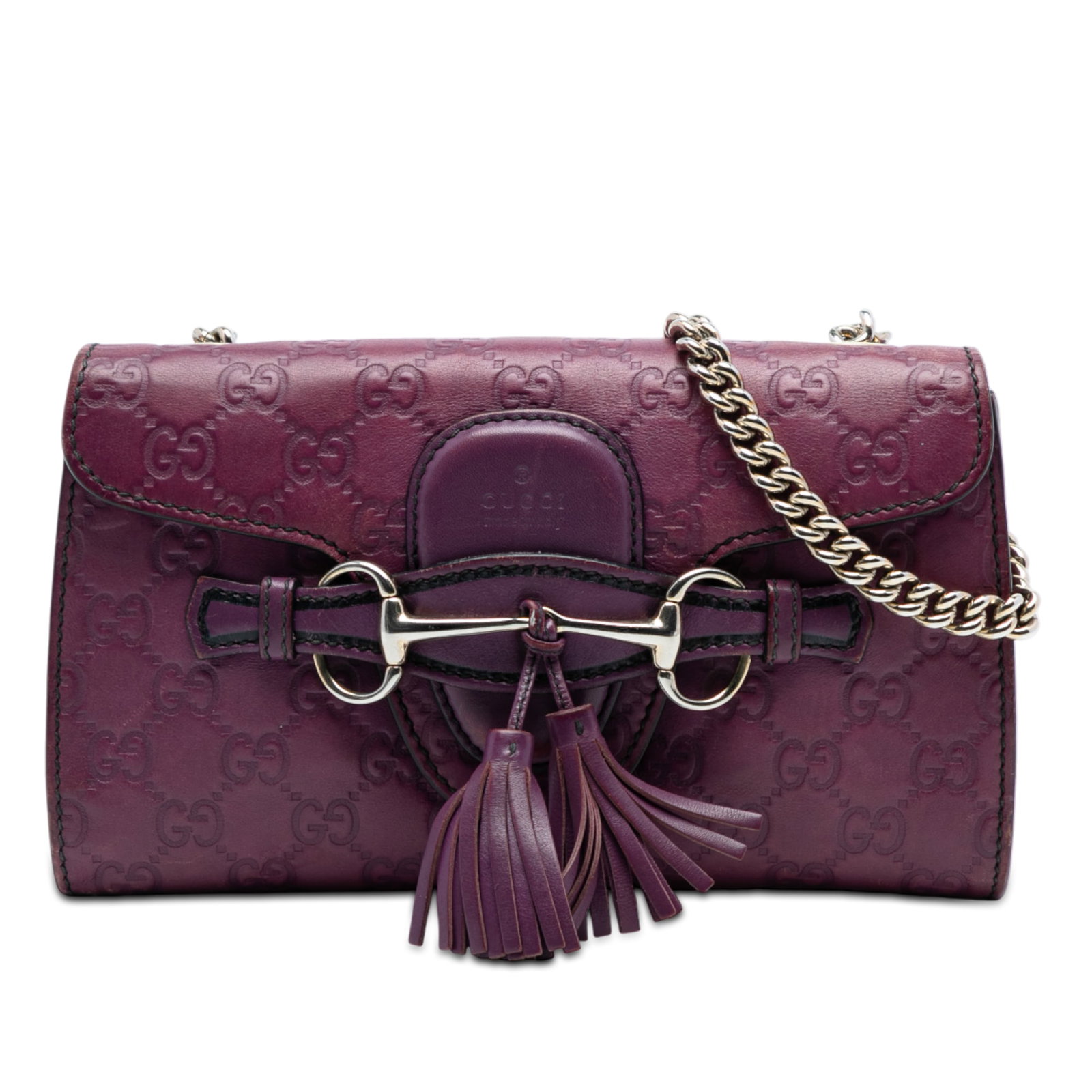 Gucci Purple Leather Emily Crossbody Bag: Gucci Purple Leather Emily Crossbody Bag This crossbody bag features embossed leather, a chain link shoulder strap with a leather guard, a front flap with a tuck closure, tassel and horsebit detailing