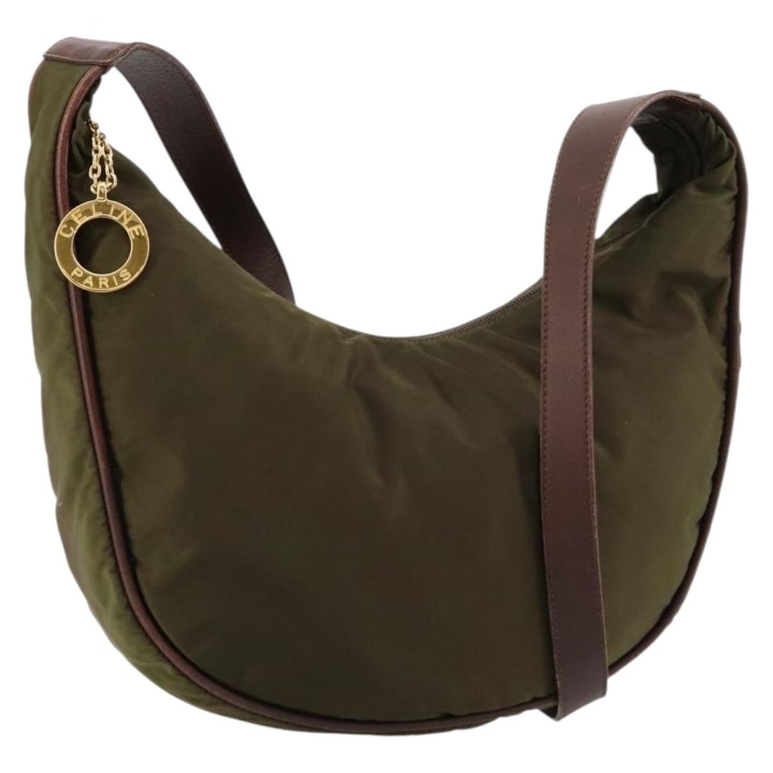 CELINE Khaki Gold Nylon Shoulder Bag Italy Auth 181636: CELINE Khaki Gold Nylon Shoulder Bag Italy Auth 181636 This CELINE Circle shoulder bag is crafted from khaki nylon with gold-tone accents. Designed for women, it features a spacious interior and a com