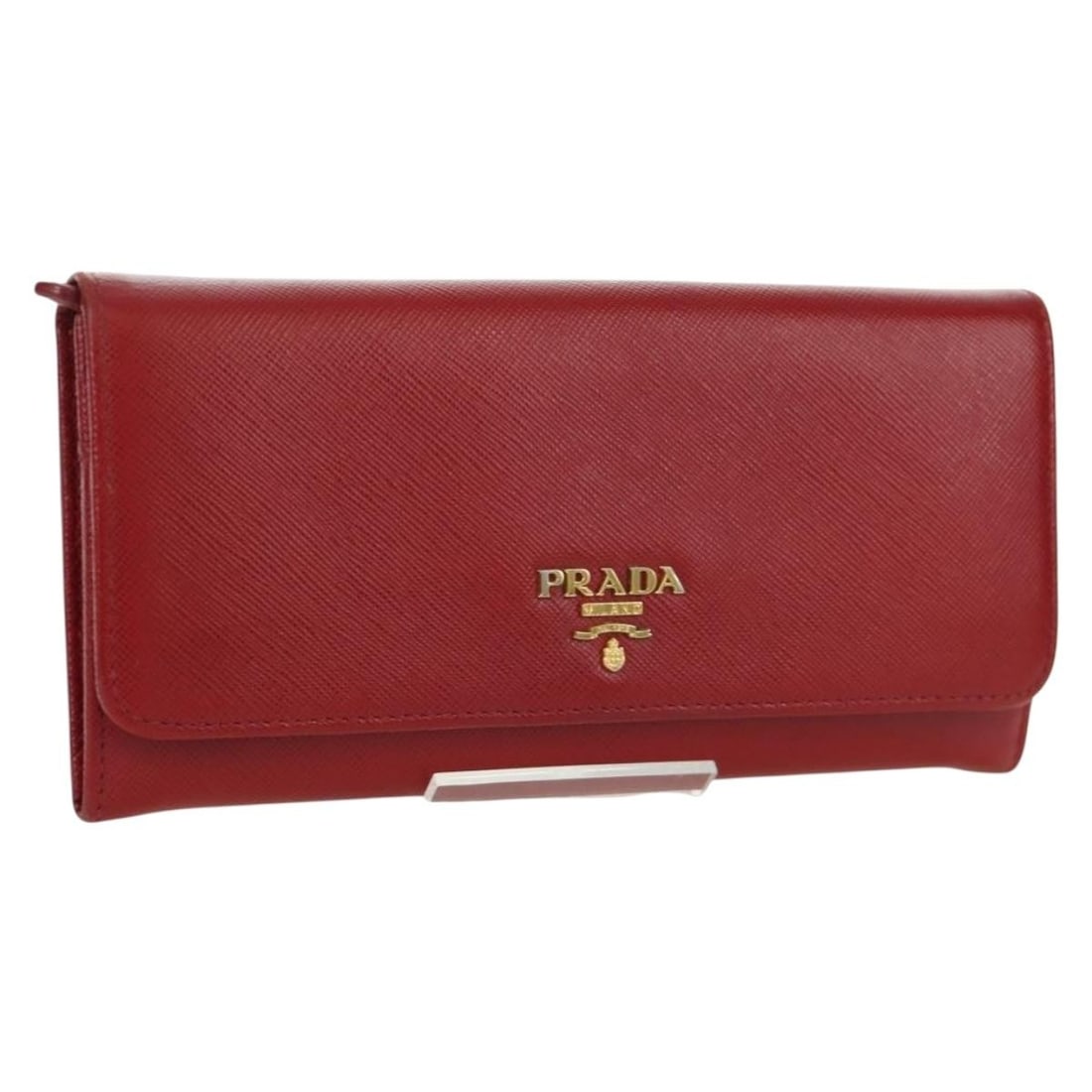 Red Saffiano Leather Long Wallet by PRADA with Gold Accents: Red Saffiano Leather Long Wallet by PRADA with Gold Accents This Prada long wallet is crafted from signature Saffiano leather in a striking red color with gold-tone accents. Designed for women, it fea