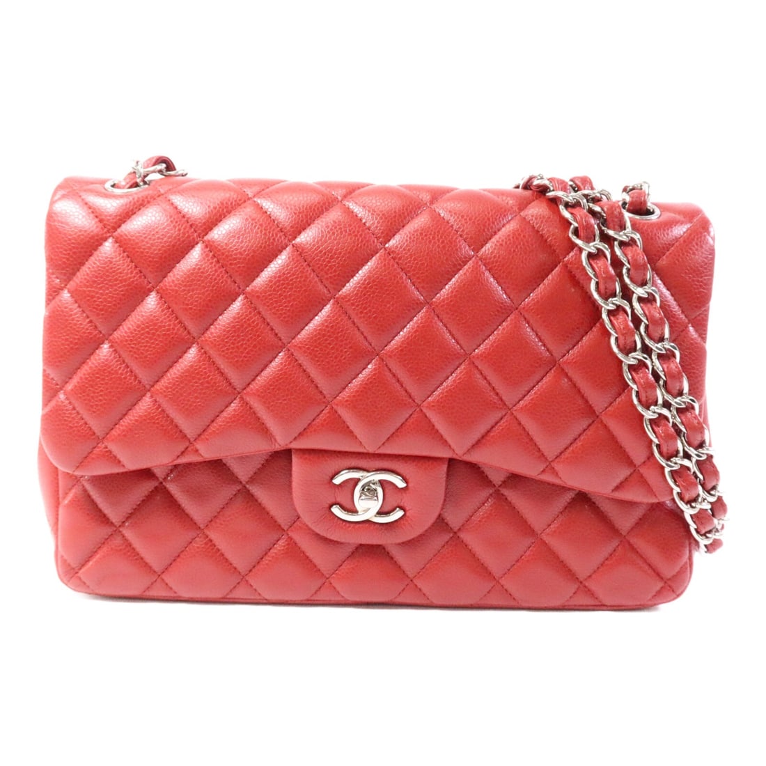 Red Calfskin Large Classic Chain Shoulder Bag by Chanel A58600: Red Calfskin Large Classic Chain Shoulder Bag by Chanel A58600 This CHANEL Large Classic Chain Shoulder Bag features luxurious red calfskin leather and iconic CC silver-tone hardware. The bag offers a