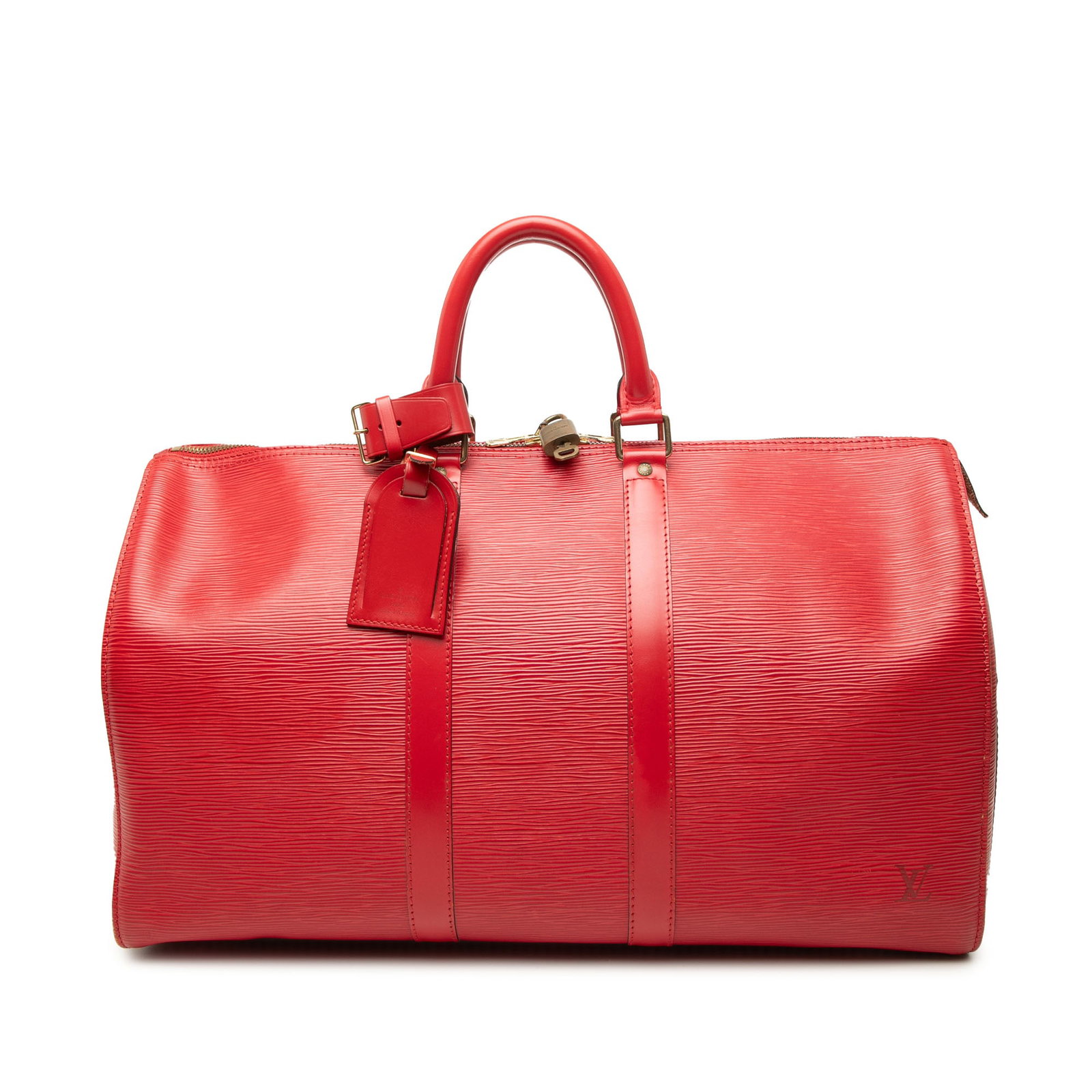Louis Vuitton Keepall 45 Epi Leather Travel Bag Red: Louis Vuitton Keepall 45 Epi Leather Travel Bag Red Louis Vuitton Epi Keepall 45 travel bag crafted in red Epi leather with rolled handles and a top zip closure. Made in France. Condition is B+ with v