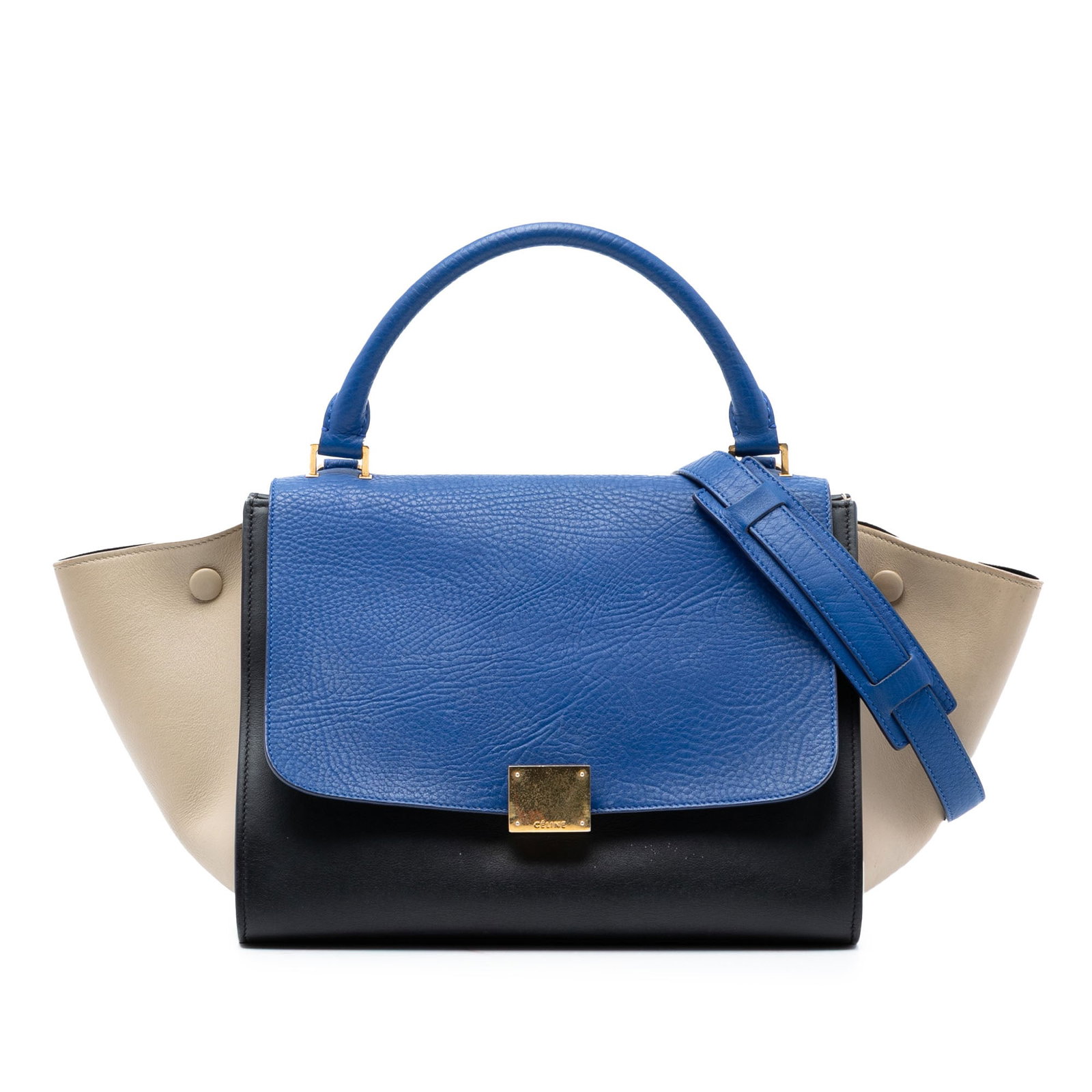 Celine Trapeze Small Leather Satchel with Shoulder Strap: Celine Trapeze Small Leather Satchel with Shoulder Strap Celine Small Tricolor Trapeze satchel crafted in leather with a structured silhouette. This bag features a rolled top handle, a detachable flat