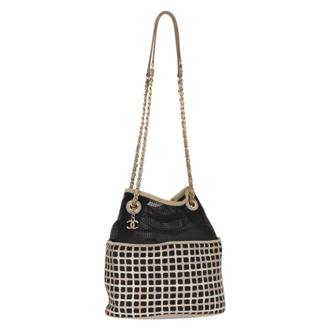 CHANEL Black Nylon Shoulder Bag with Gold CC Chain: CHANEL Black Nylon Shoulder Bag with Gold CC Chain Chanel chain shoulder bag in black nylon with gold-tone accents, made in Italy. This women's shoulder bag includes the item shown in the photo only; 