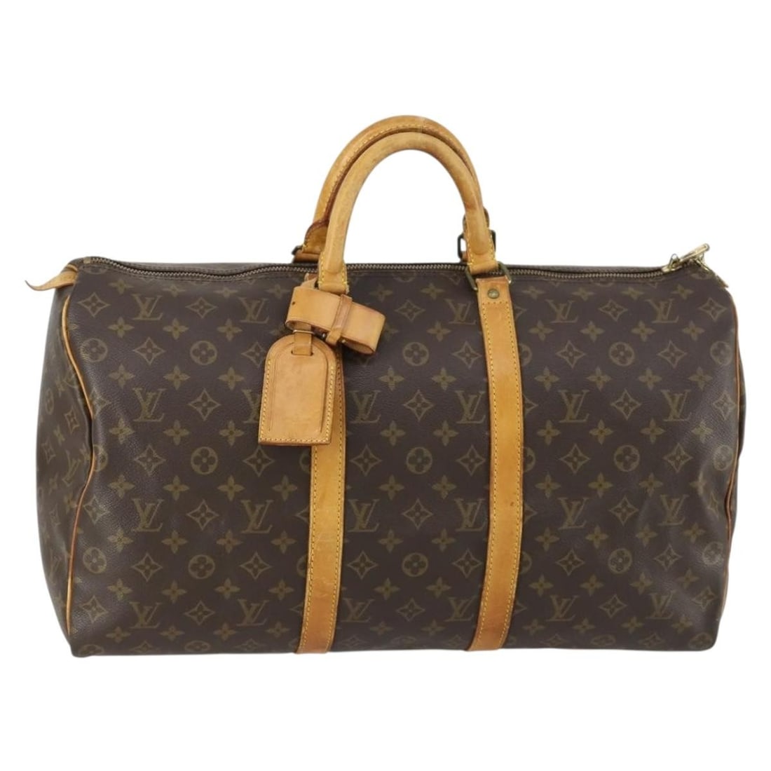 Louis Vuitton M41426 Keepall 50 Monogram Canvas Boston Bag: Louis Vuitton M41426 Keepall 50 Monogram Canvas Boston Bag Louis Vuitton Keepall 50 Boston bag in Monogram canvas, made in France. This women's bag includes a name tag and Powanie. Condition is heavil