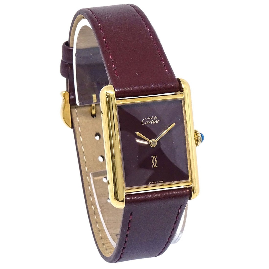 Cartier Must Tank LM Ref.81975713 Womens Manual Wind Wristwatch SV925: Cartier Must Tank LM Ref.81975713 Womens Manual Wind Wristwatch SV925 Cartier Must Tank LM reference 81975713 manual-winding wristwatch with an analog display, featuring an SV925 case and a Bordeaux l