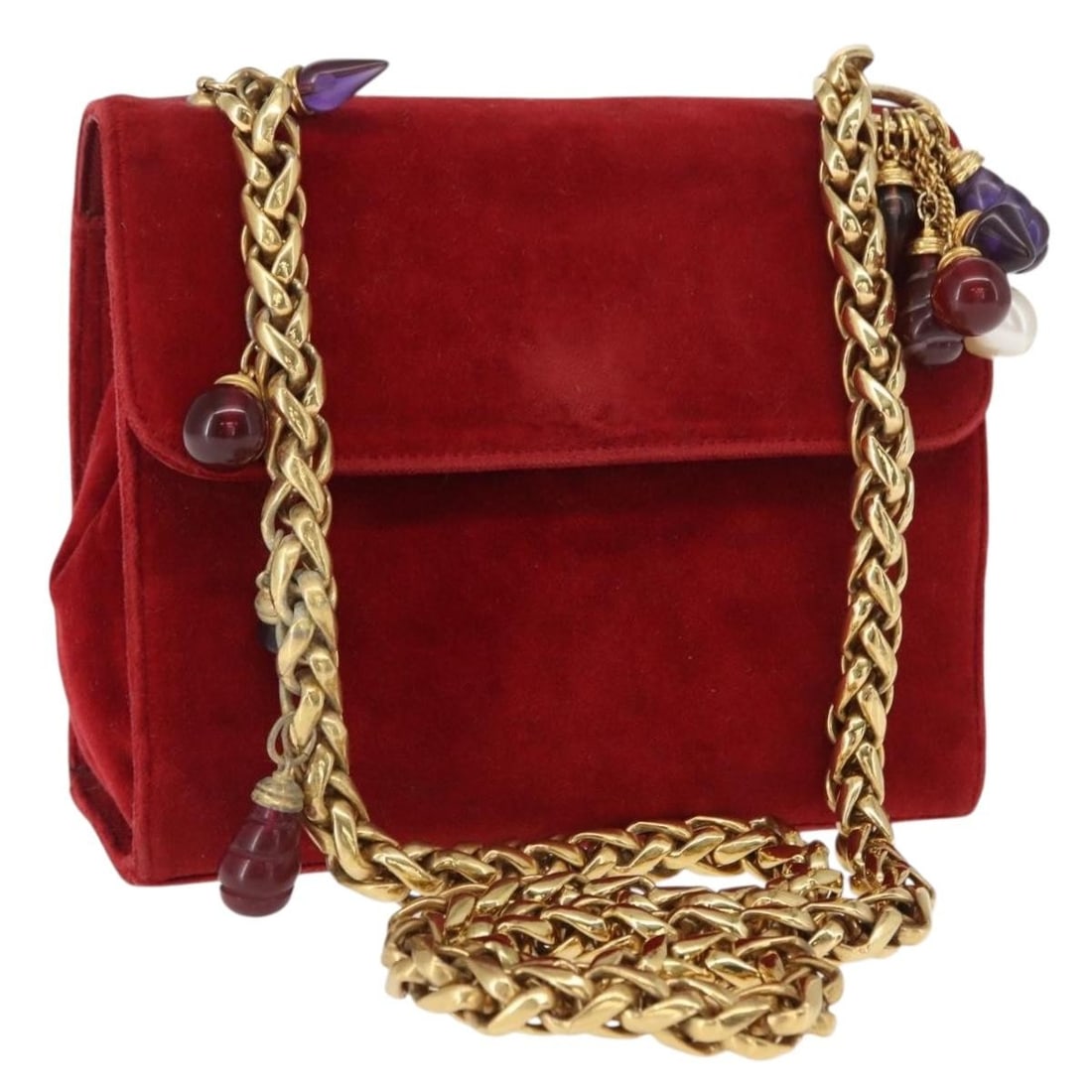 Red and Gold Velor Shoulder Bag by LOEWE Spain: Red and Gold Velor Shoulder Bag by LOEWE Spain This LOEWE shoulder bag features a stylish velor exterior in red and gold tones. Designed with a practical shoulder strap, it offers a compact size suita