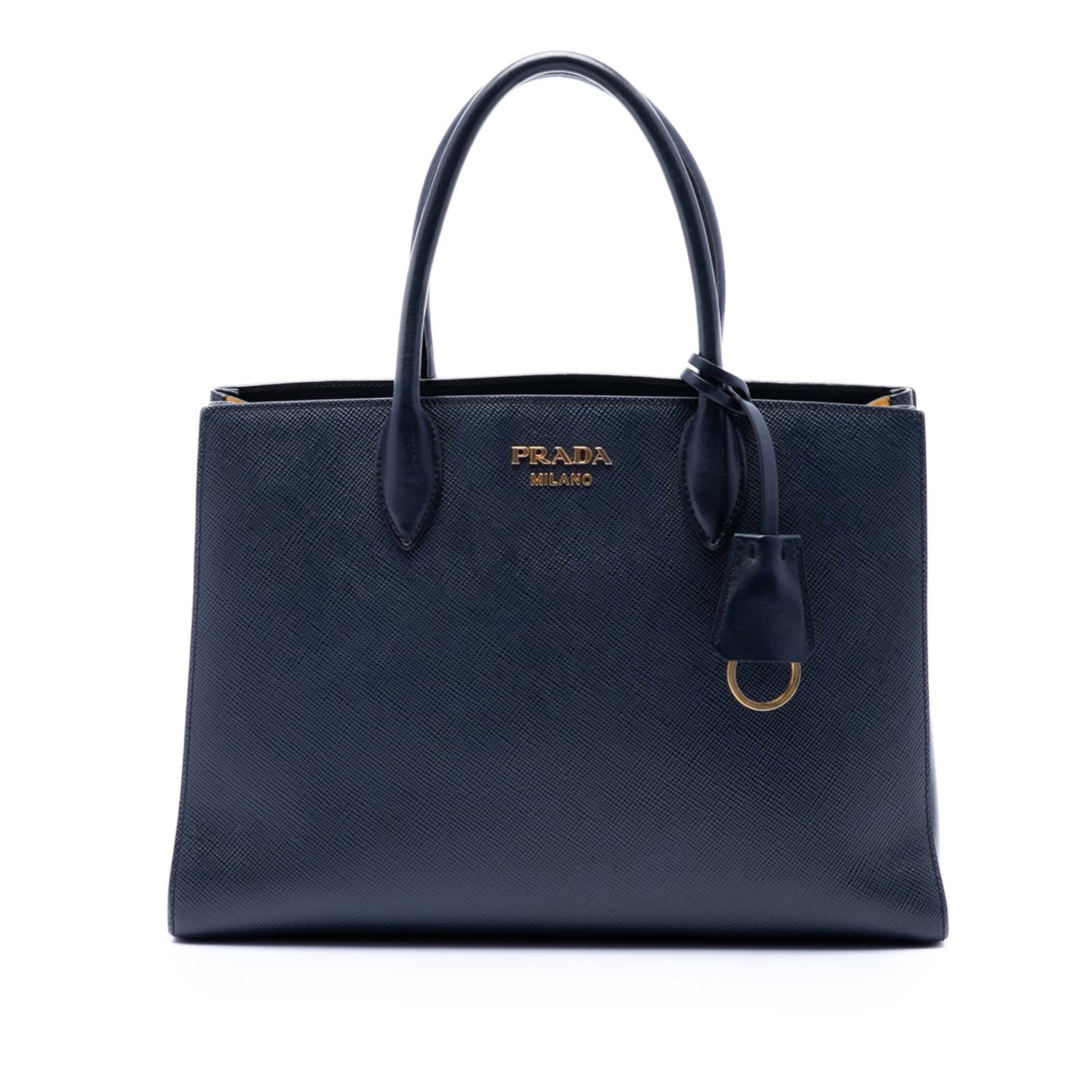 Prada Blue Saffiano Leather Bibliotheque Satchel: Prada Blue Saffiano Leather Bibliotheque Satchel This Prada Medium Saffiano Bibliotheque Satchel is crafted from saffiano leather in blue and features rolled leather handles, an open top, and an inter