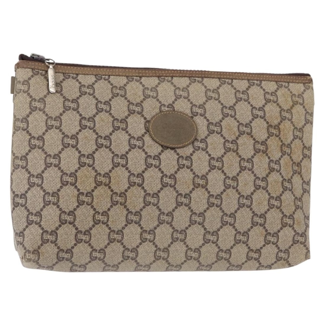 GUCCI GG Plus Supreme Clutch Bag Beige Gold PVC Italy: GUCCI GG Plus Supreme Clutch Bag Beige Gold PVC Italy This exquisite Gucci GG Plus Supreme Clutch Bag is a stylish accessory crafted in Italy. Made from durable PVC leather with a luxurious GG canvas 