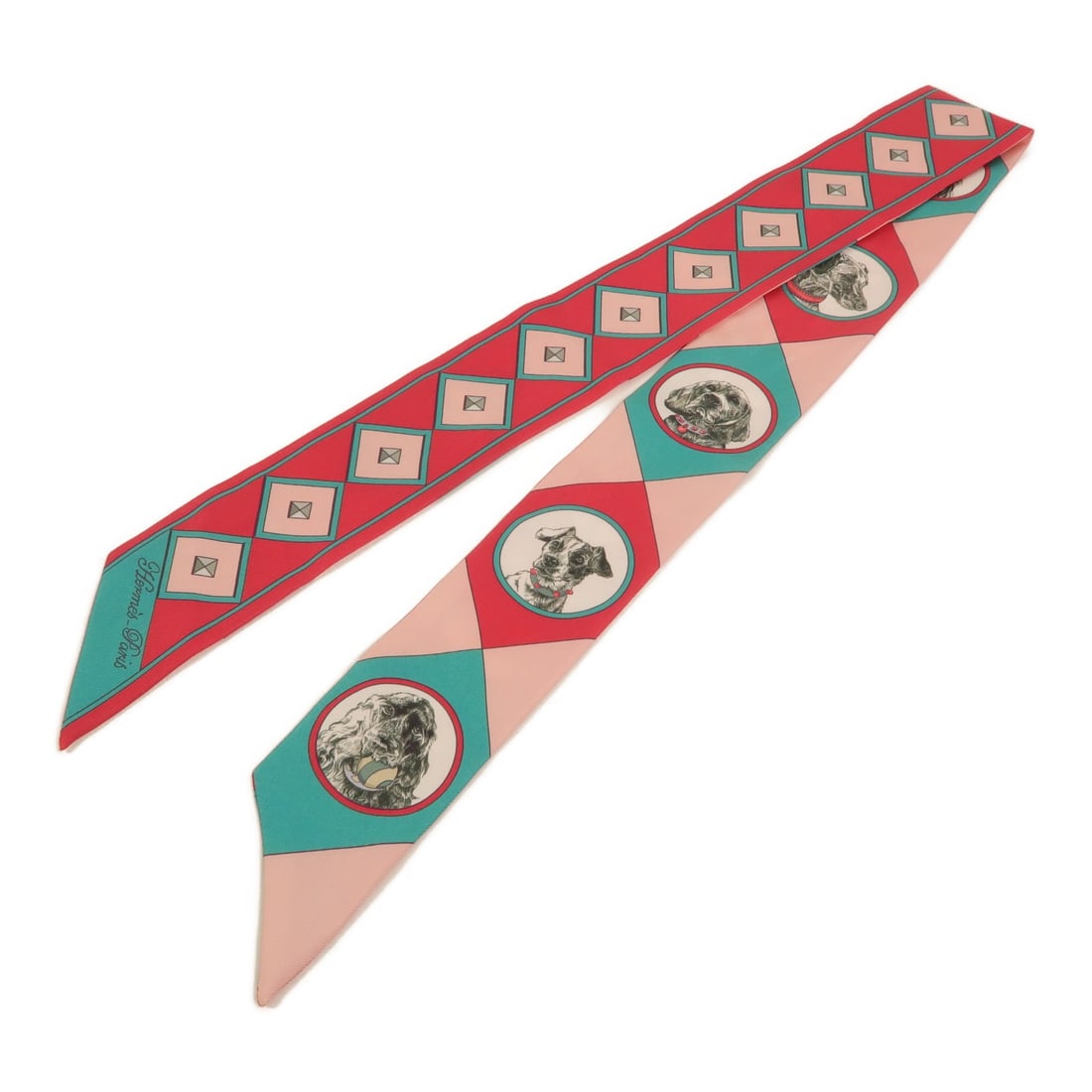 Hermes Twilly silk pink green white scarf: Hermes Twilly silk pink green white scarf This Hermes Twilly scarf is crafted from luxurious silk and features a vibrant pink, green, and white color palette. Designed for women, it offers a stylish a