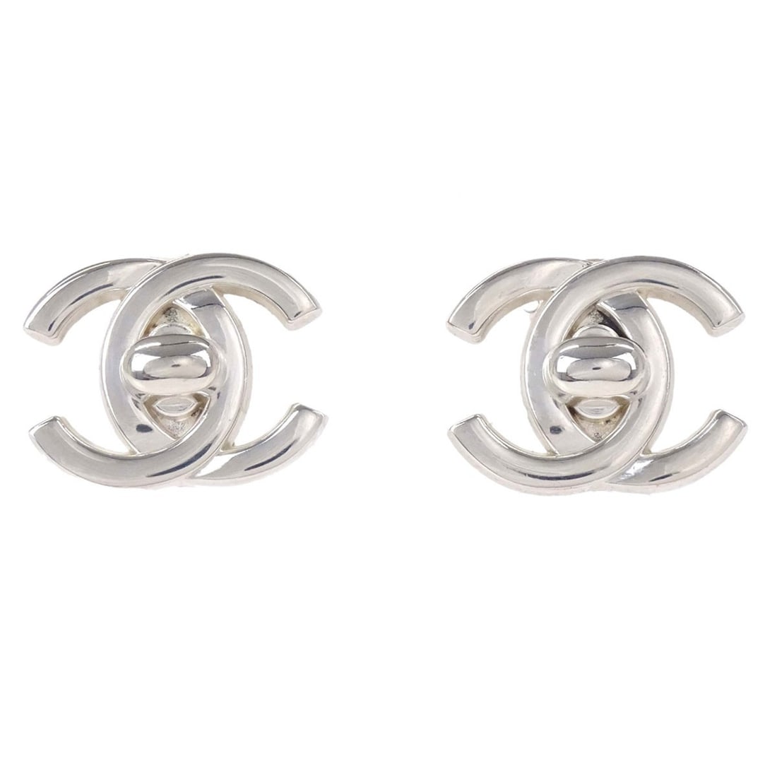 CHANEL 96P Silver Plated Clip On Turnlock CC Earrings: CHANEL 96P Silver Plated Clip On Turnlock CC Earrings Large Chanel CC turnlock clip-on earrings in silver plated metal. Marked 96P and made in France, this pair features the signature turnlock design 