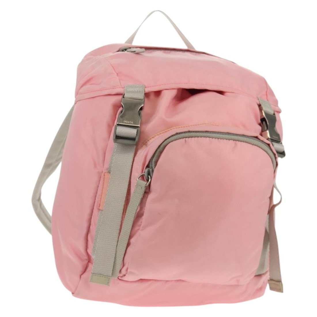 PRADA Pink Silver Nylon Backpack with Guarantee Card: PRADA Pink Silver Nylon Backpack with Guarantee Card This stylish PRADA backpack is crafted from durable nylon and features a chic pink and silver color combination. With approximate dimensions of 8.7
