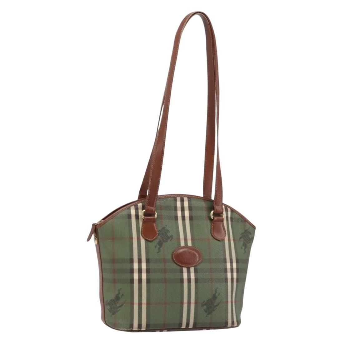 Burberrys Green Gold PVC Leather Tote Handbag Made in Italy: Burberrys Green Gold PVC Leather Tote Handbag Made in Italy Burberrys tote bag in green and gold PVC leather, made in Italy. This women's bag has a heavily used condition with visible wear throughout,