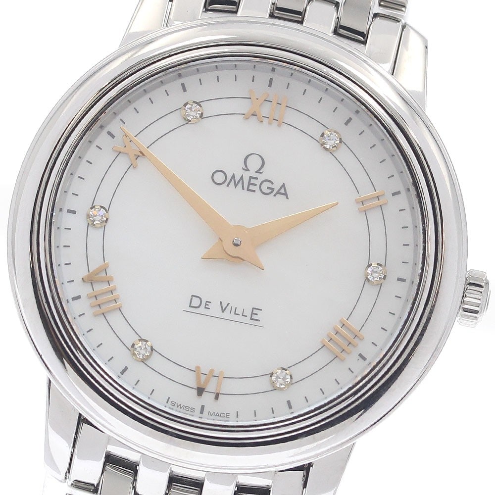 OMEGA De Ville Prestige 424.10.27.60.55.001 Women's Quartz Diamond Wristwatch: OMEGA De Ville Prestige 424.10.27.60.55.001 Women's Quartz Diamond Wristwatch Pre-owned OMEGA De Ville Prestige ladies wristwatch with quartz movement and a 6-diamond design. This Swiss-made watch is 