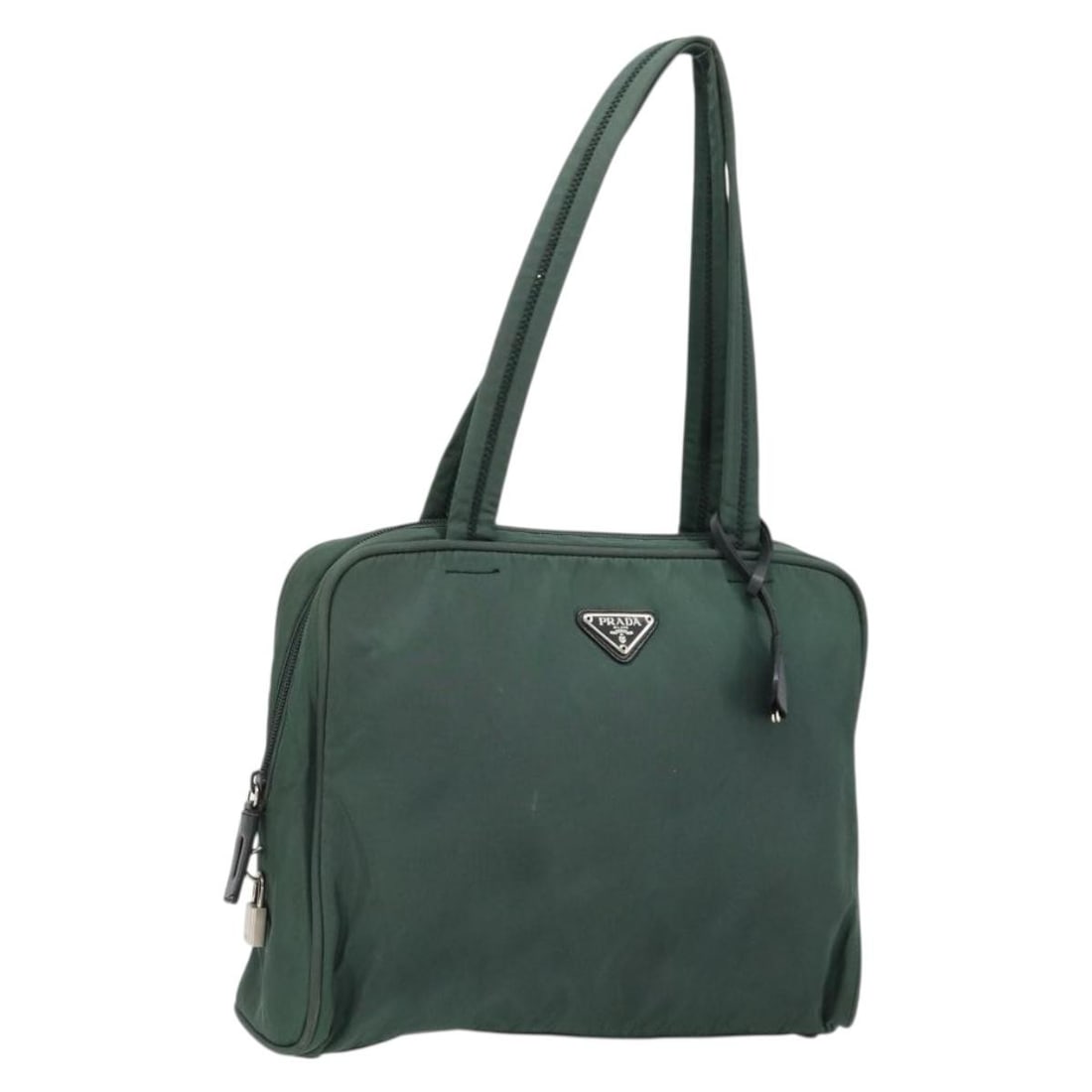 Prada Nylon Green Silver Tote Bag with Padlock and Keys: Prada Nylon Green Silver Tote Bag with Padlock and Keys This PRADA tote bag features a green and silver nylon exterior and is designed for women. The bag includes a padlock, two keys, and a clochette 
