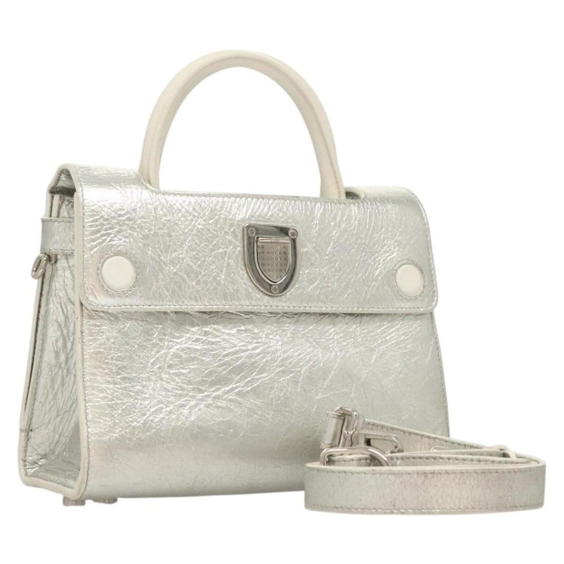 Christian Dior Ever Mini 2way Leather Handbag Silver: Christian Dior Ever Mini 2way Leather Handbag Silver Christian Dior Ever Mini 2-way handbag in silver leather with top handles and a removable shoulder strap. Includes the guarantee card and shows vis