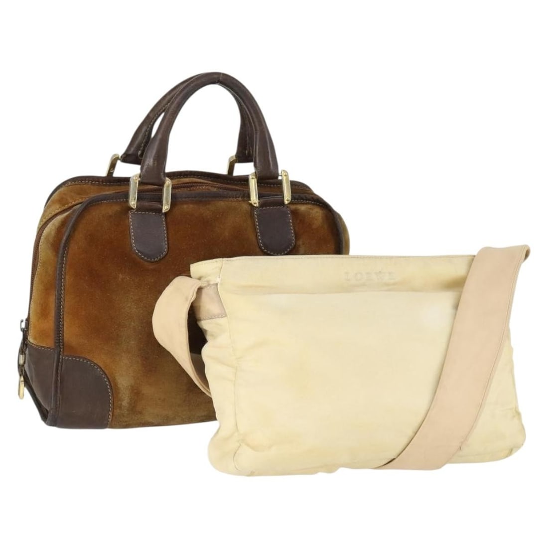 LOEWE Brown White Leather Handbag Special Set: LOEWE Brown White Leather Handbag Special Set This LOEWE handbag set includes two bags crafted from leather in brown and white tones. Designed for women, these handbags originate from Spain and featur