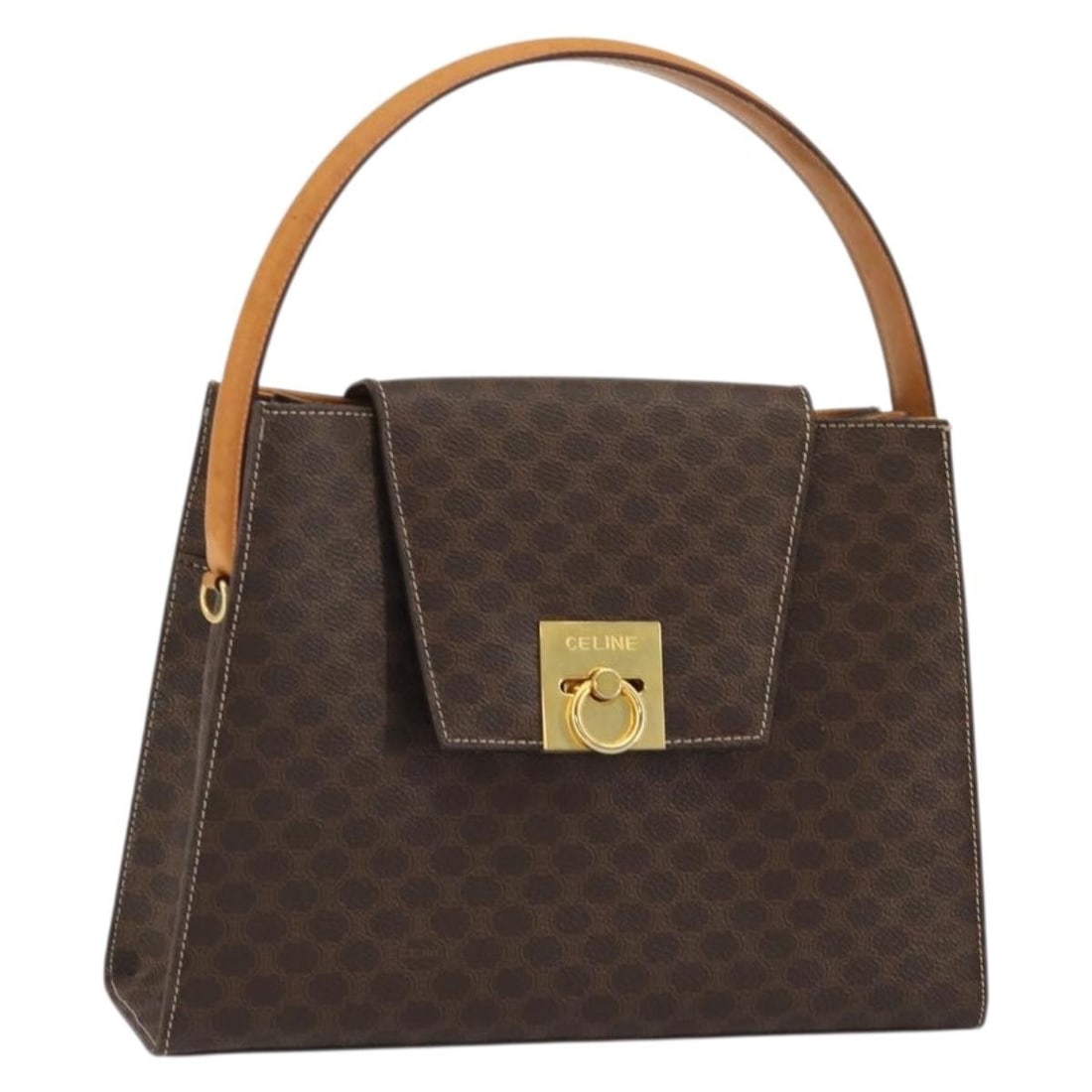 CELINE Macadam PVC Leather Brown Gold Tote Bag Italy: CELINE Macadam PVC Leather Brown Gold Tote Bag Italy This CELINE Macadam Canvas hand bag features a classic brown and gold color scheme with PVC leather and Macadam canvas exterior. The bag is designe