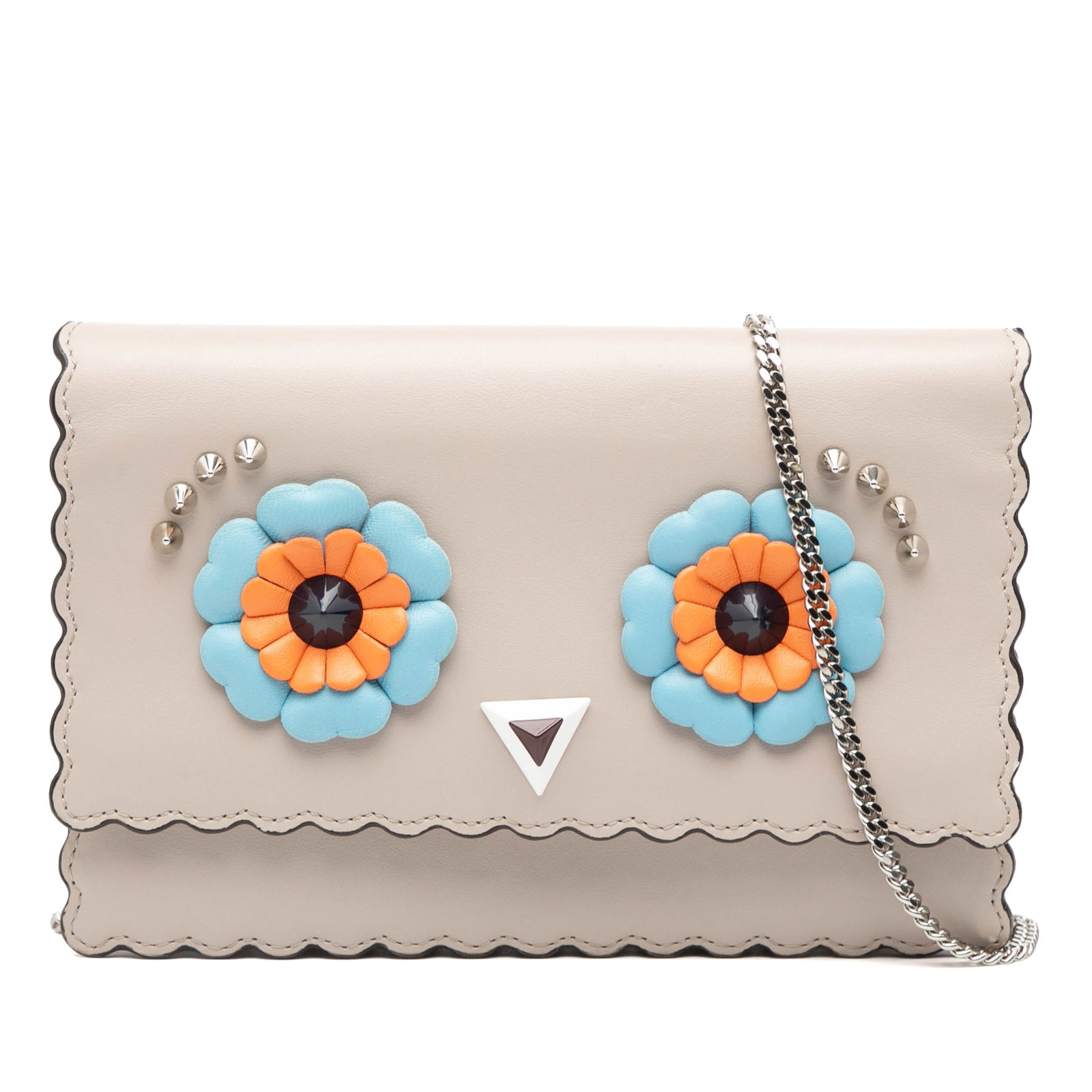 Fendi Monster Eyes Studded Leather Chain Wallet Bag: Fendi Monster Eyes Studded Leather Chain Wallet Bag This Fendi wallet on chain features a brown leather body adorned with studded Monster Eyes detail, a chain link strap, a front flap with magnetic sn