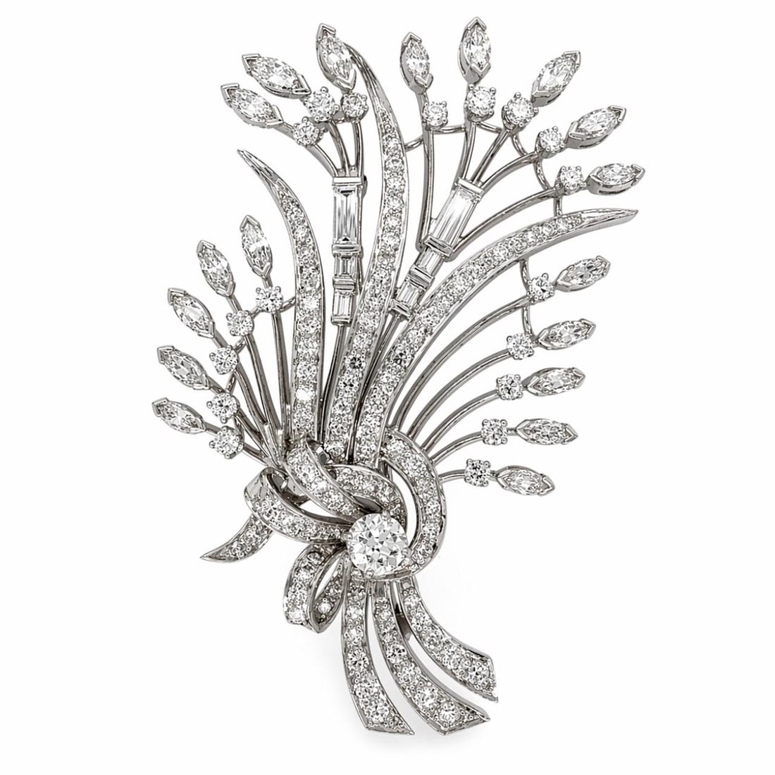 Platinum Art Deco Brooch with 6.20 Carat Diamonds 2.5 Inch: Platinum Art Deco Brooch with 6.20 Carat Diamonds 2.5 Inch This Art Deco platinum brooch features a total of 107 diamonds with an approximate combined weight of 6.20 carats. The diamonds are F-H color