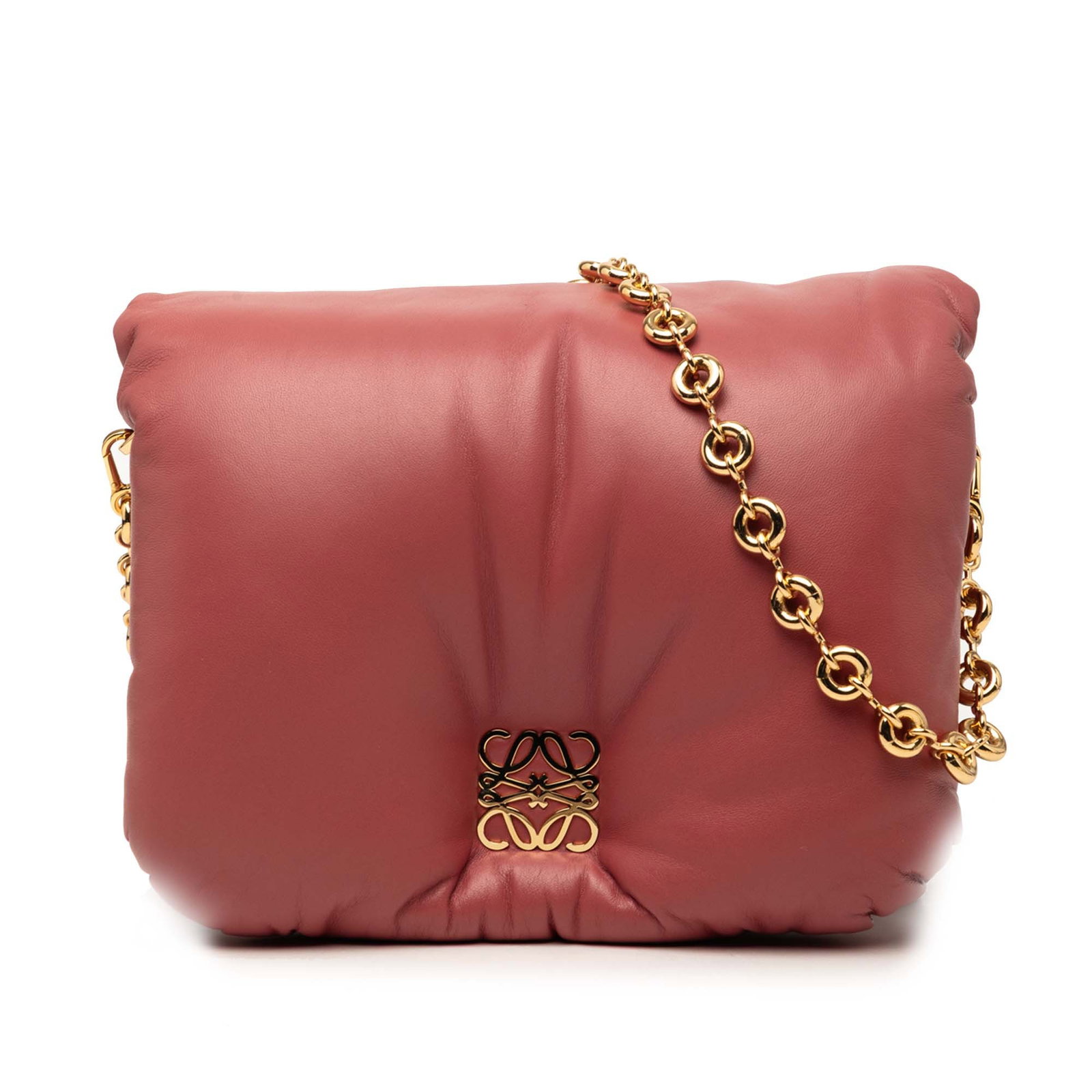 LOEWE Goya Puffer Pink Lambskin Shoulder Bag Chain Strap: LOEWE Goya Puffer Pink Lambskin Shoulder Bag Chain Strap This LOEWE Goya Puffer Chain Bag is crafted from shiny pink lambskin leather and features a detachable gold tone chain shoulder strap. The desi