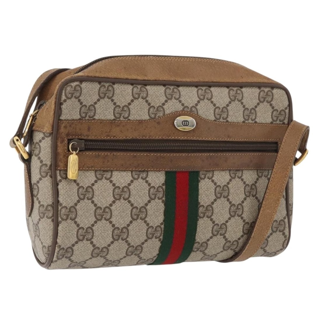 Gucci GG Supreme Sherry Line Beige PVC Leather Shoulder Bag 98 02 004: Gucci GG Supreme Sherry Line Beige PVC Leather Shoulder Bag 98 02 004 This GUCCI GG Supreme Web Sherry Line shoulder bag features a beige and gold color scheme with a combination of PVC leather and GG