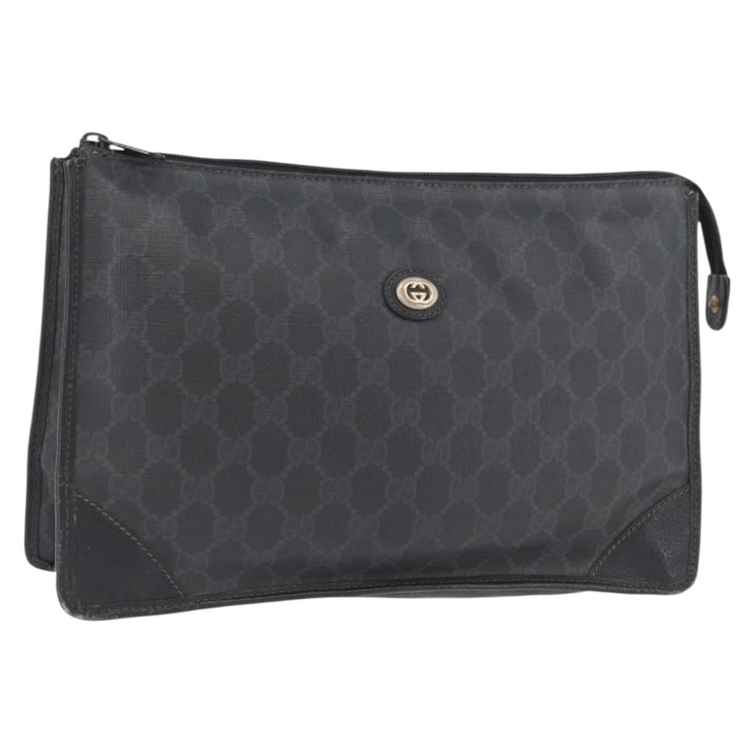 Gucci GG Supreme Black PVC Leather Clutch Bag with Gold Accents 97 01 029: Gucci GG Supreme Black PVC Leather Clutch Bag with Gold Accents 97 01 029 This is a Gucci GG Supreme clutch bag crafted from black and gold PVC leather with GG canvas accents. Designed for women, the 