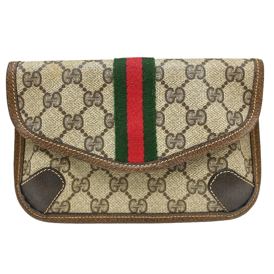 Gucci GG Small Beige Clutch Pouch with Web Stripe: Gucci GG Small Beige Clutch Pouch with Web Stripe Gucci GG Sherry pouch bag in beige with brown, red, and green accents. This small clutch-style bag is made of leather and PVC and shows reasonable wea
