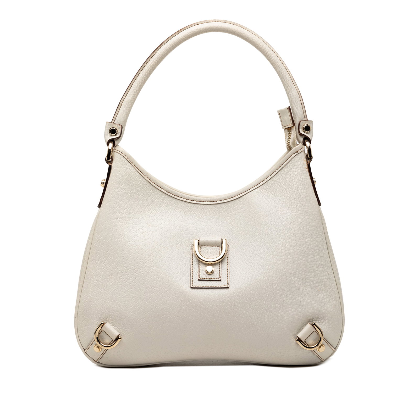 Gucci Abbey D Ring calfskin shoulder bag: Gucci Abbey D Ring calfskin shoulder bag This Gucci Calfskin Abbey D Ring Shoulder Bag features an embossed leather body in white, complemented by a rolled leather strap and a top zip closure. The int