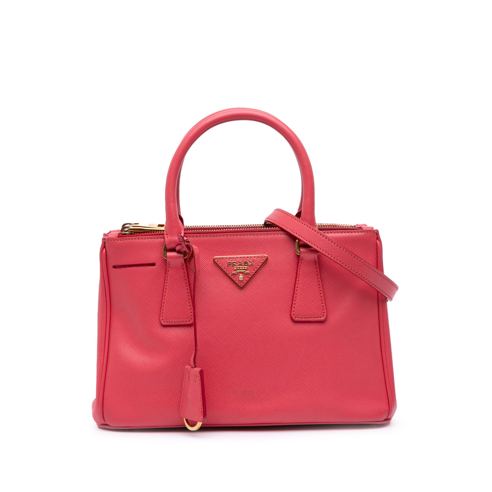 Prada pink leather Galleria satchel with double zip: Prada pink leather Galleria satchel with double zip This Prada Mini Saffiano Lux Galleria Double Zip Satchel is crafted from pink leather and features rolled leather handles, a detachable flat leather