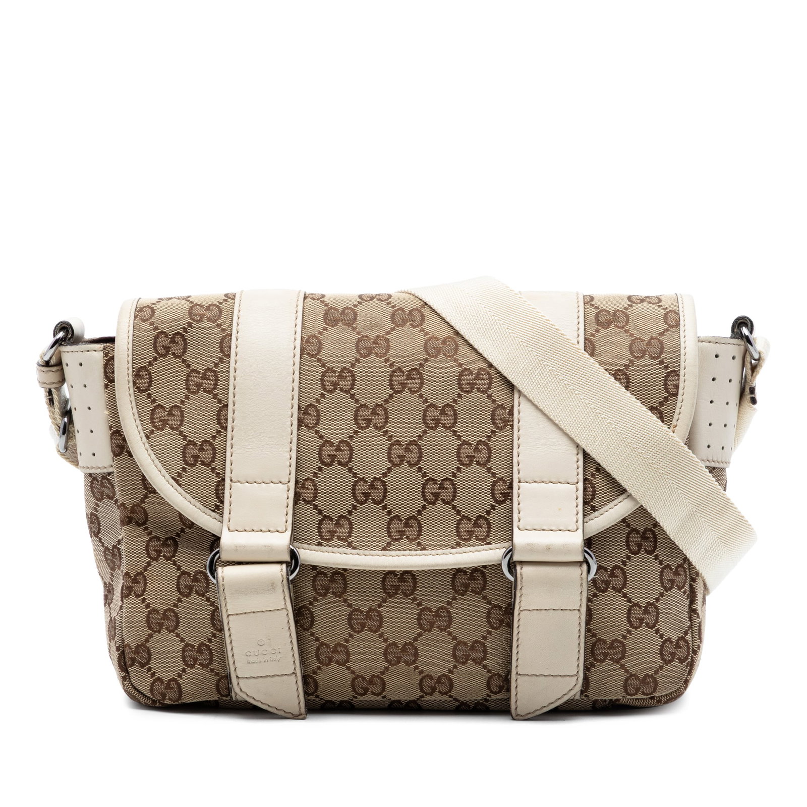 Gucci GG Canvas Flap Crossbody Bag Beige Leather Trim: Gucci GG Canvas Flap Crossbody Bag Beige Leather Trim Gucci GG Canvas Crossbody bag crafted with a canvas body and leather trim. It features an adjustable flat canvas strap, a front flap with touch fa