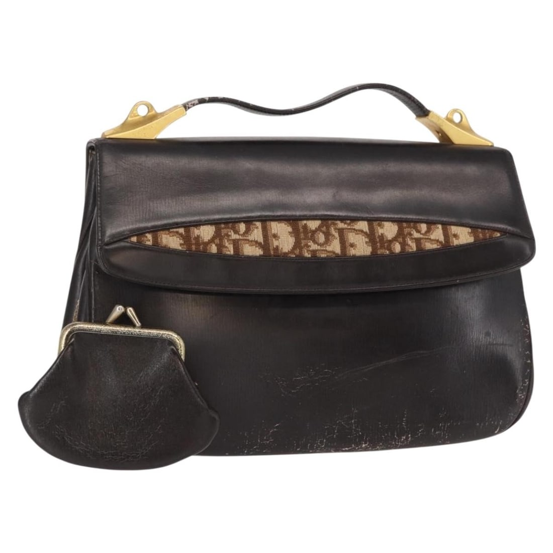 Brown Leather and Trotter Canvas Dior Handbag with Gold Tone Accents: Brown Leather and Trotter Canvas Dior Handbag with Gold Tone Accents This Christian Dior Trotter Canvas handbag features a brown and gold color scheme with leather and signature Trotter canvas materia