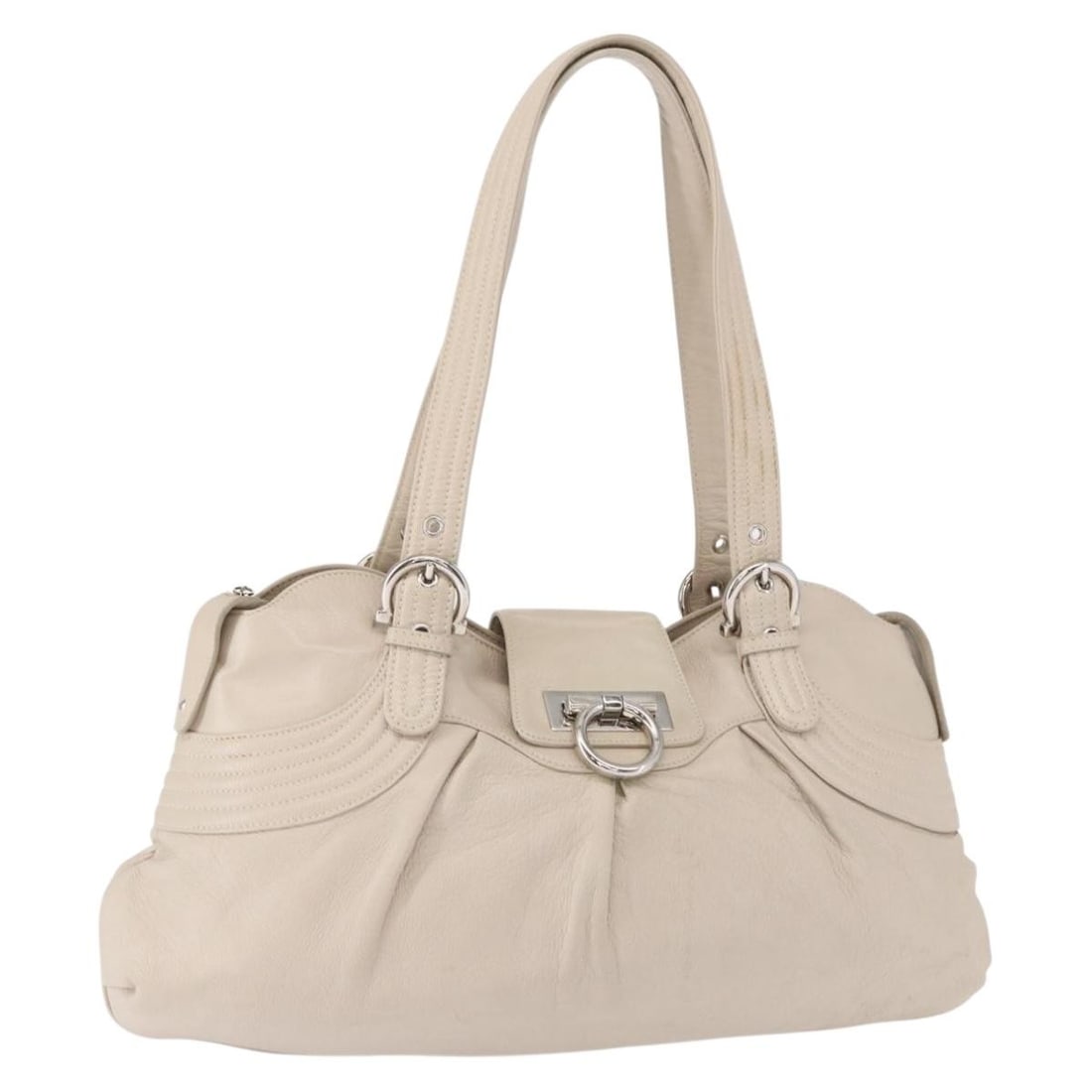 Salvatore Ferragamo Gancini Leather Shoulder Bag Silver White Auth 149671: Salvatore Ferragamo Gancini Leather Shoulder Bag Silver White Auth 149671 This exquisite Salvatore Ferragamo Gancini Shoulder Bag combines elegance and functionality, crafted from high-quality leather