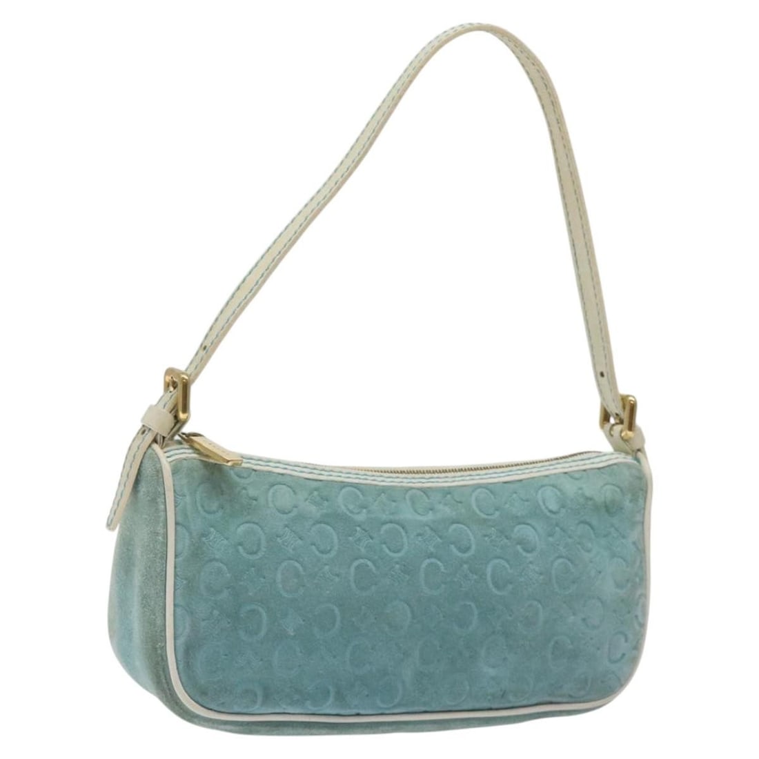 CELINE C Macadam Suede Light Blue Gold Accessory Pouch: CELINE C Macadam Suede Light Blue Gold Accessory Pouch This CELINE accessory pouch features a light blue and gold color scheme and is crafted from suede with C Macadam canvas accents. Made in Italy, i
