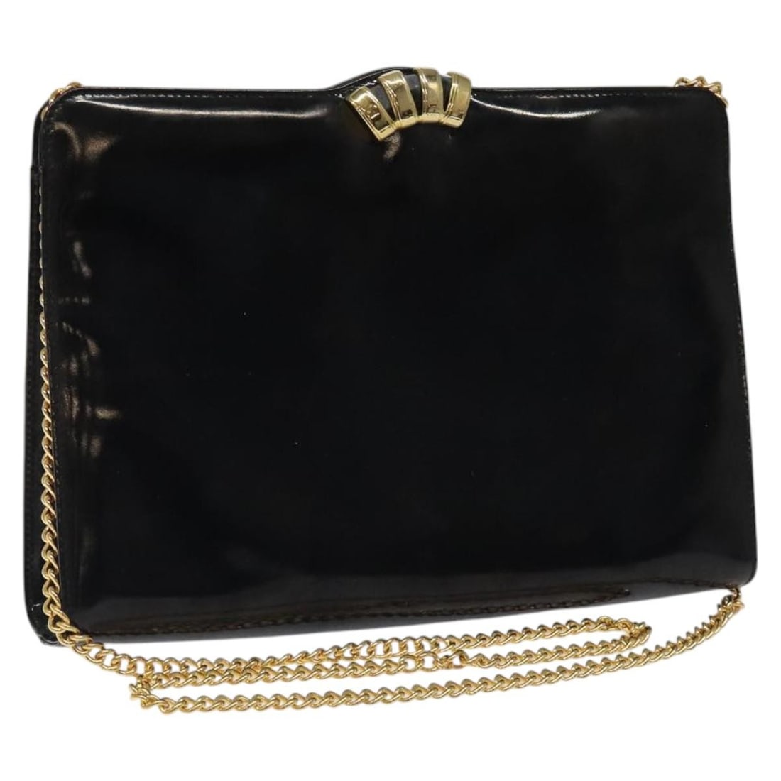 Black Enamel Clutch With Shoulder Strap by Salvatore Ferragamo: Black Enamel Clutch With Shoulder Strap by Salvatore Ferragamo This Salvatore Ferragamo clutch bag features a black enamel exterior and offers versatile styling with its included shoulder strap for 2-