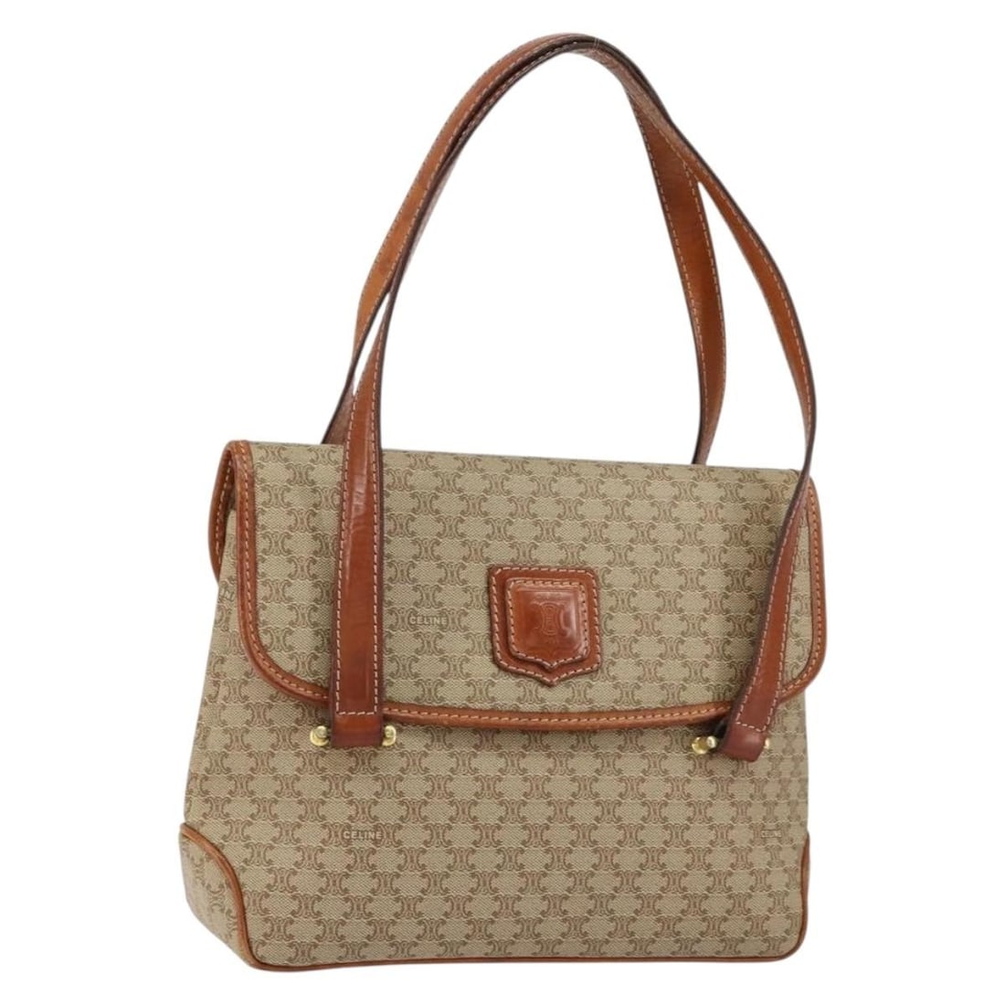 CELINE Macadam PVC Leather Handbag Beige Gold Tone Italy: CELINE Macadam PVC Leather Handbag Beige Gold Tone Italy Vintage CELINE Macadam canvas hand bag in beige and gold tones, made in Italy. This women's bag is crafted from PVC leather and Macadam canvas 