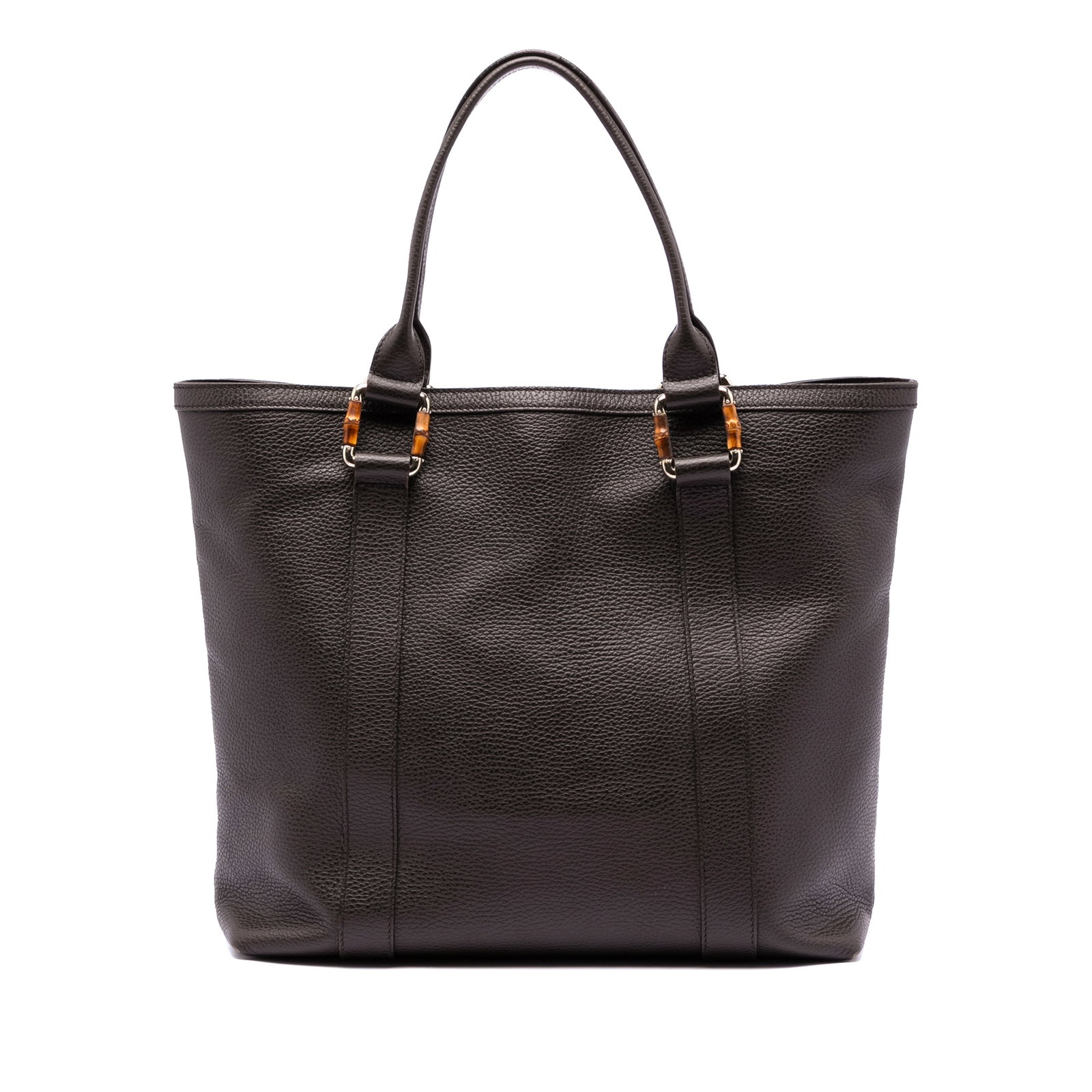 Gucci Bamboo Shopper Tote in Grained Calfskin Leather Brown: Gucci Bamboo Shopper Tote in Grained Calfskin Leather Brown This Gucci Grained Calfskin Bamboo Shopper Tote features a brown leather body with a distinctive bamboo handle, a flat leather shoulder stra