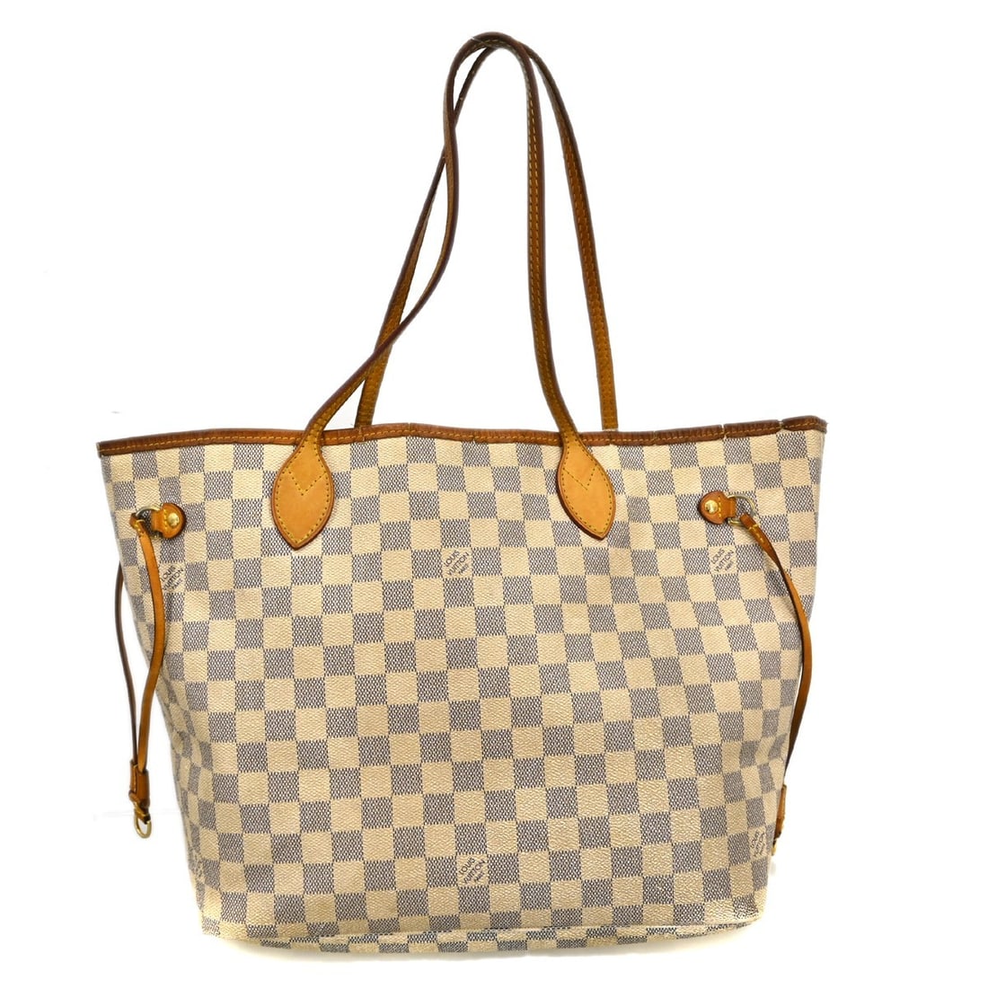 Louis Vuitton Neverfull MM Damier Azur Medium Tote N51107: Louis Vuitton Neverfull MM Damier Azur Medium Tote N51107 Vintage Louis Vuitton Neverfull MM tote bag in Damier Azur with double leather handles and a beige lining. This medium tote features a hook-an