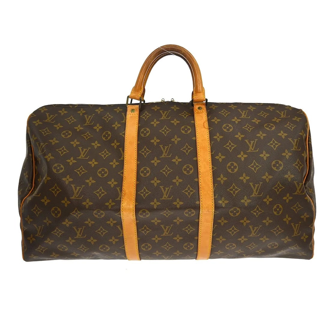Louis Vuitton Monogram Canvas Keepall 55cm Travel Bag: Louis Vuitton Monogram Canvas Keepall 55cm Travel Bag This Louis Vuitton Keepall Bag features the iconic monogram canvas in brown and is designed for unisex use. The bag shows visible signs of wear, i