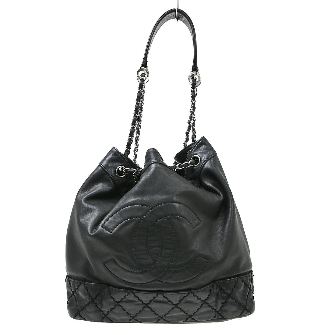 CHANEL Wild Stitch Bucket Bag Black Lambskin Drawstring: CHANEL Wild Stitch Bucket Bag Black Lambskin Drawstring Chanel black lambskin drawstring handbag with matelasse quilting and a top handle. This medium bucket-style bag features a black canvas lining a