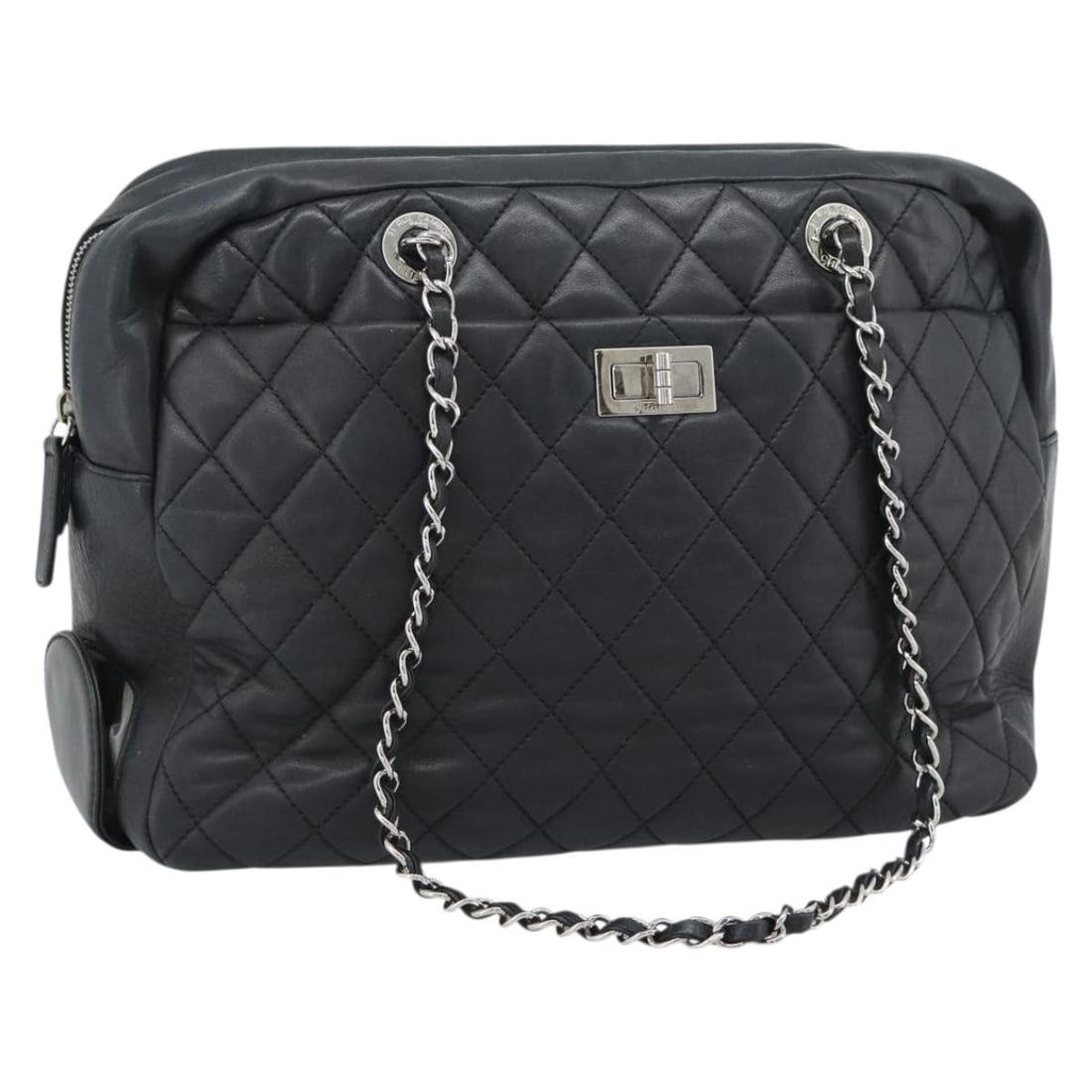 CHANEL 2.55 Lamb Skin Shoulder Bag Black Silver Tone: CHANEL 2.55 Lamb Skin Shoulder Bag Black Silver Tone Authentic CHANEL 2.55 chain shoulder bag in black lamb skin with silver-tone detailing. This women's shoulder bag was made in Italy and includes on