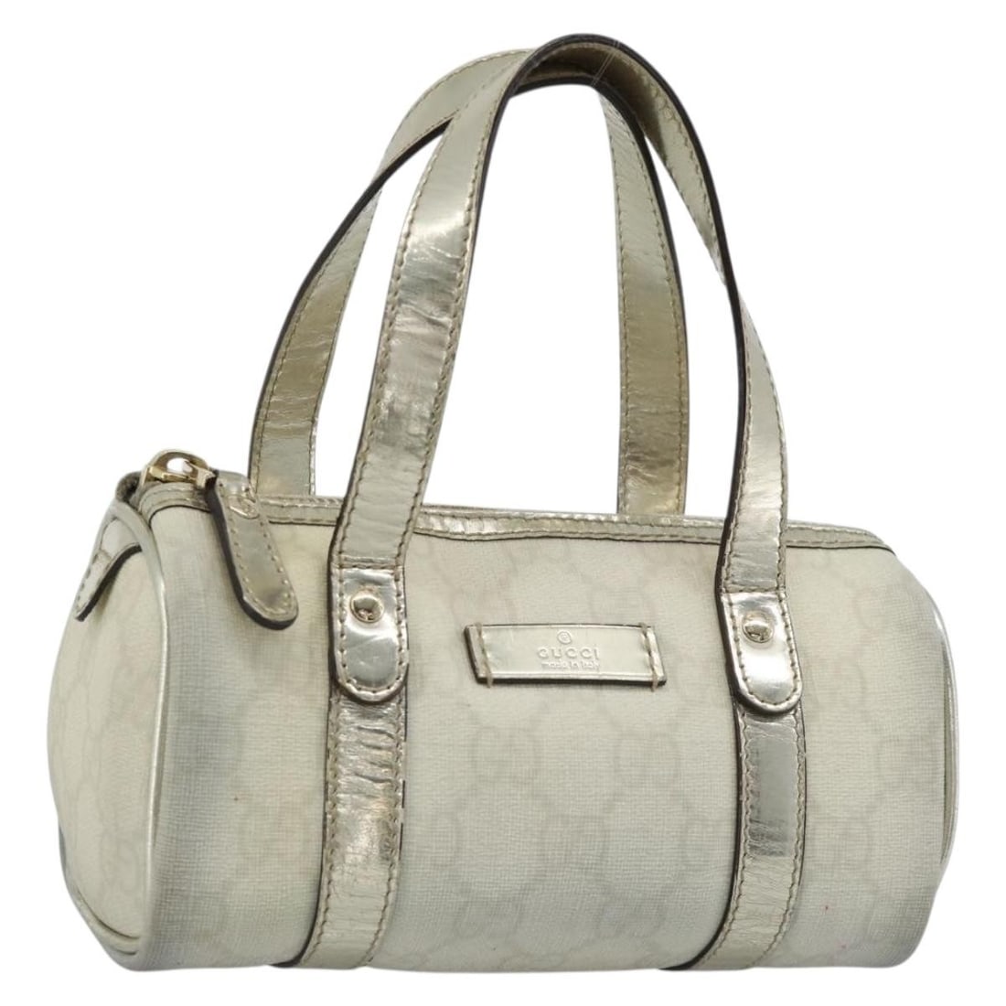 Gucci 190400 GG Supreme Mini PVC Leather Handbag White Gold: Gucci 190400 GG Supreme Mini PVC Leather Handbag White Gold Compact Gucci mini handbag in white and gold GG canvas with PVC leather trim. Made in Italy, this women's handbag features a structured mini