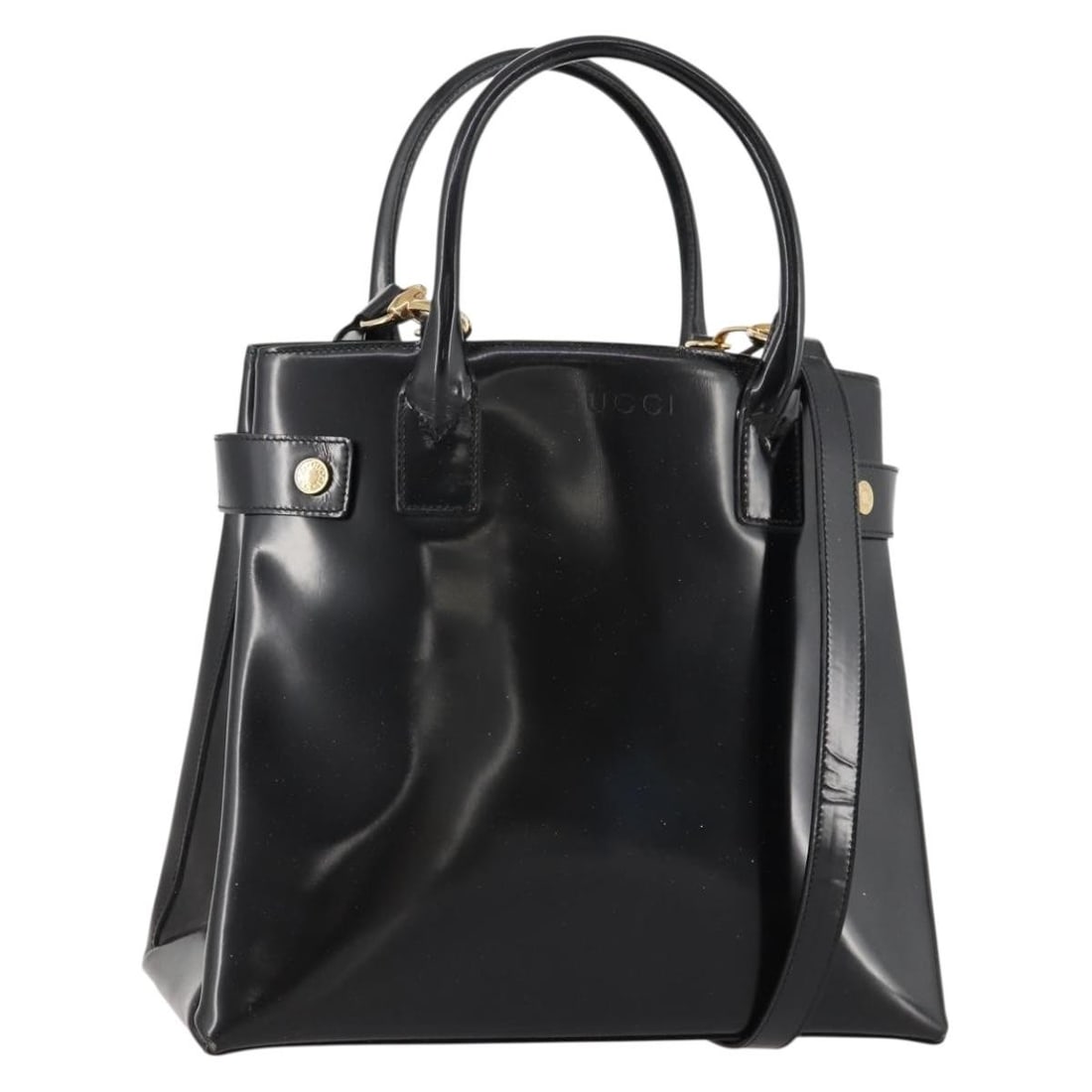 Gucci Black Patent Leather Two Way Tote with Gold Accents and Shoulder Strap: Gucci Black Patent Leather Two Way Tote with Gold Accents and Shoulder Strap This GUCCI tote bag is crafted from black and gold patent leather and offers both hand and shoulder carry options with its 