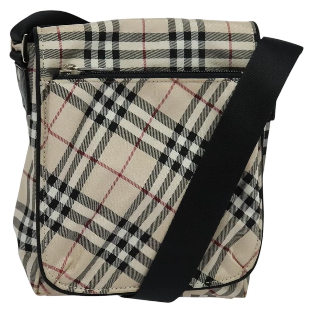 Burberry Blue Label Beige Nylon Shoulder Bag with Nova Check Pattern: Burberry Blue Label Beige Nylon Shoulder Bag with Nova Check Pattern This BURBERRY Nova Check Blue Label shoulder bag features a beige and silver nylon exterior with the iconic Nova Check pattern. Des