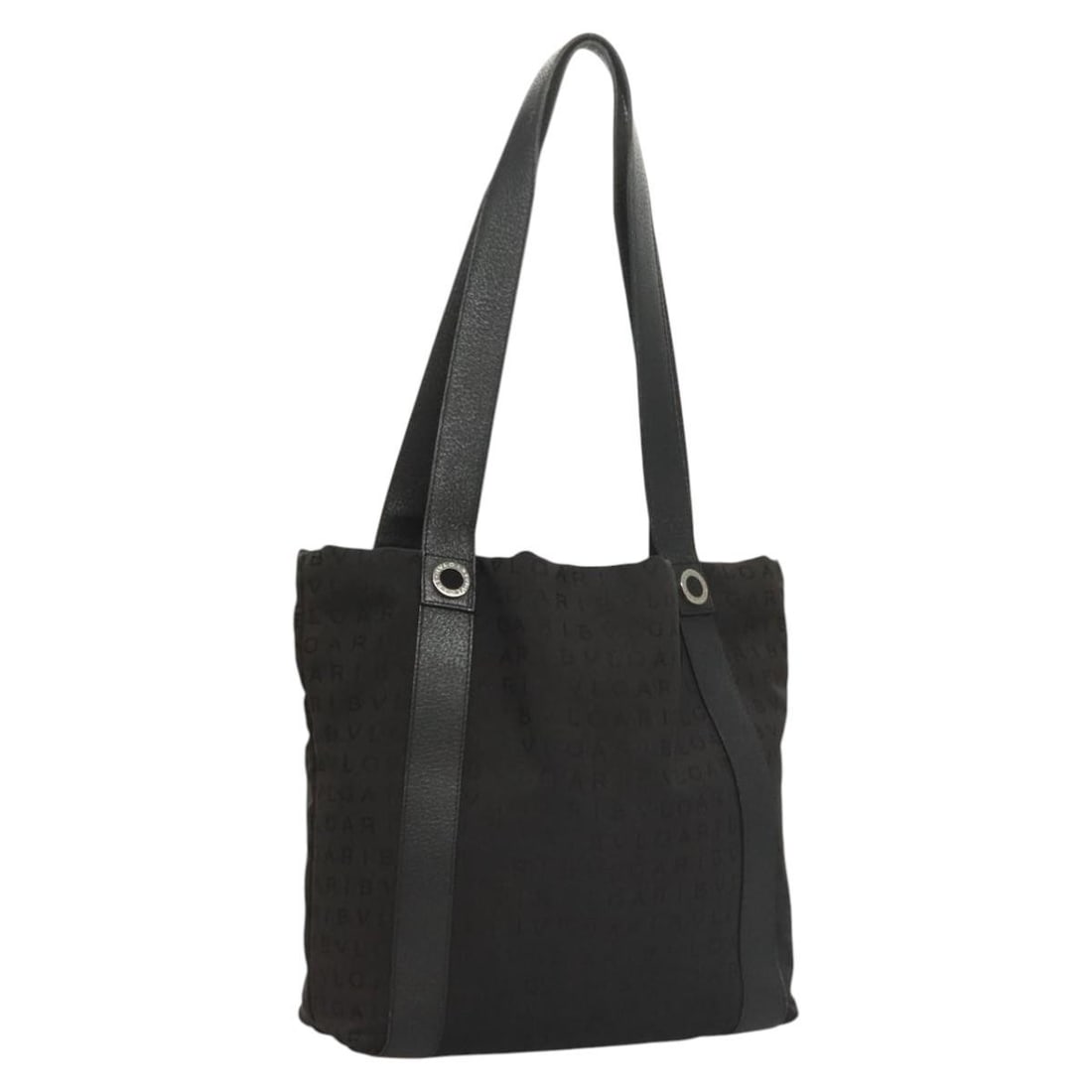 BVLGARI Logo Mania Black Nylon Shoulder Bag with Silver Accents: BVLGARI Logo Mania Black Nylon Shoulder Bag with Silver Accents This BVLGARI Logo mania shoulder bag features a black and silver nylon exterior with silver-tone accents. Designed for women, the bag of