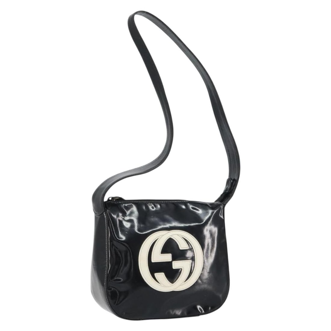 Black Enamel Shoulder Bag by Gucci Italy Model 160485: Black Enamel Shoulder Bag by Gucci Italy Model 160485 This authentic Gucci shoulder bag is crafted from black enamel and made in Italy. The bag features a compact design with a single shoulder strap a