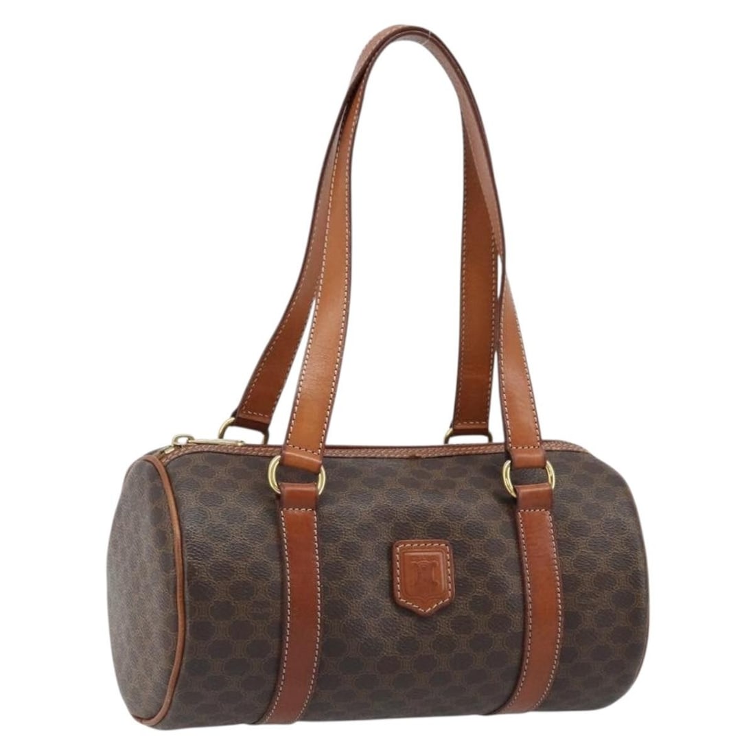 Celine Macadam Brown PVC Leather Handbag Gold Tone Accents Italy: Celine Macadam Brown PVC Leather Handbag Gold Tone Accents Italy This CELINE Macadam hand bag features a brown and gold color scheme with PVC leather and signature Macadam canvas exterior. Designed fo